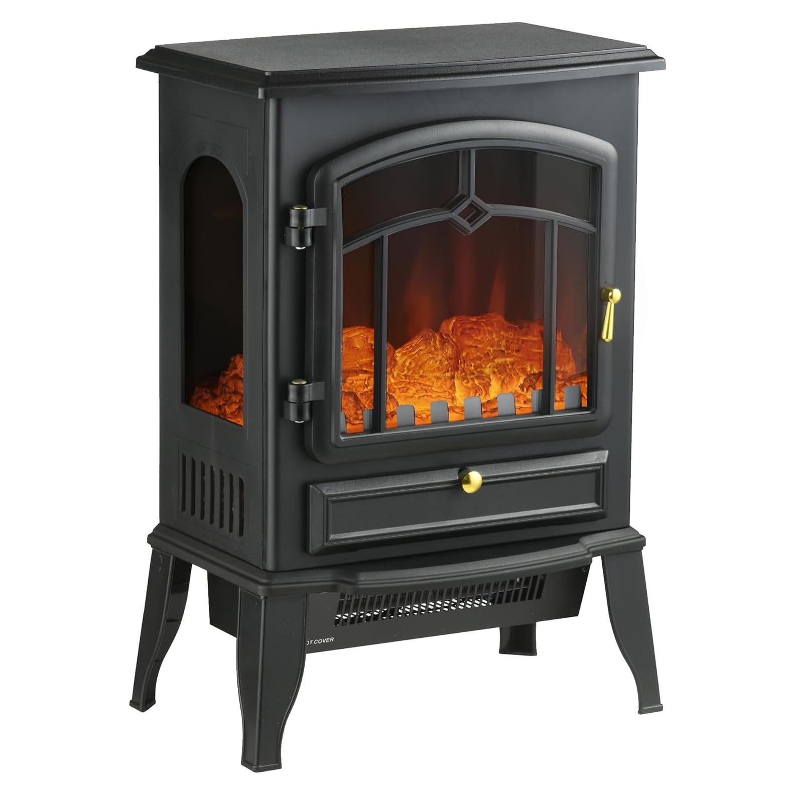 HOMCOM Electric Fireplace Stove, 22" Freestanding Fireplace Heater with 3-Sided Realistic Flame, Overheating Protection, Adjustable Temperature, Portable, 750W/1500W, Black