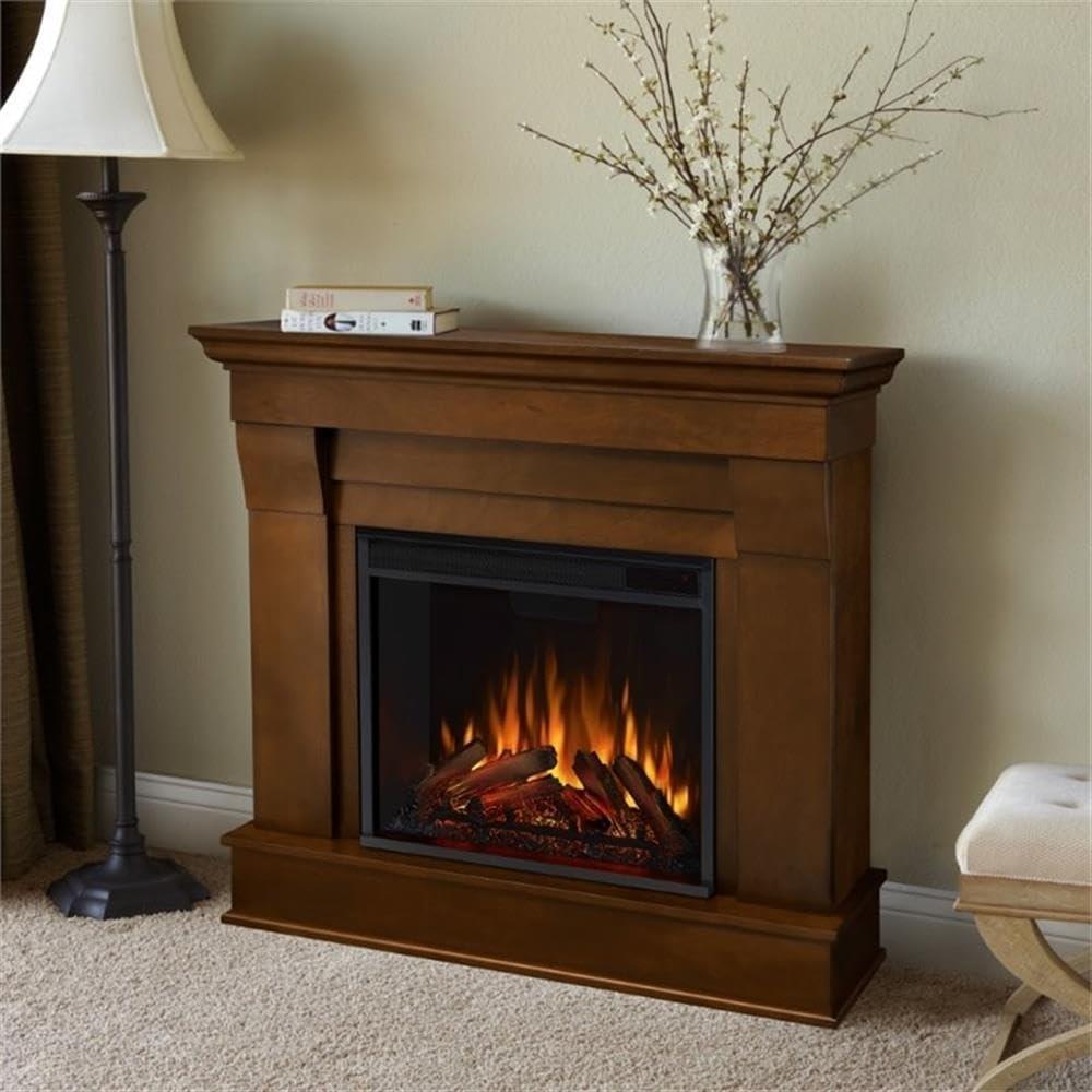 Real Flame Chateau 41" Amish Solid Wood Electric Fireplace with Mantel, Electric Firebox, Remote Control, Hardware, Power Cord, Adjustable Thermostat Settings, in Espresso Finish