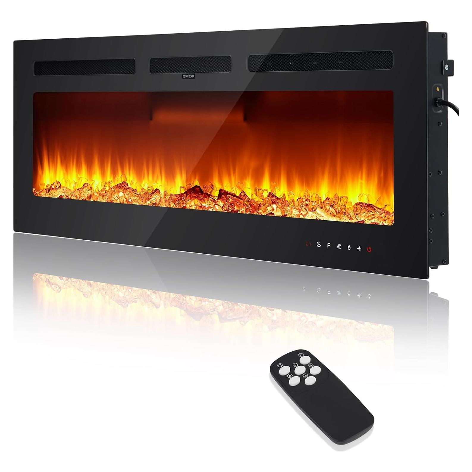 Electric Fireplace Heater - 60" Wall Mounted & Recessed, Remote Control, 120V/1500W Power, Adjustable Flame Colors, Timer Function, Log & Crystal Set Options.