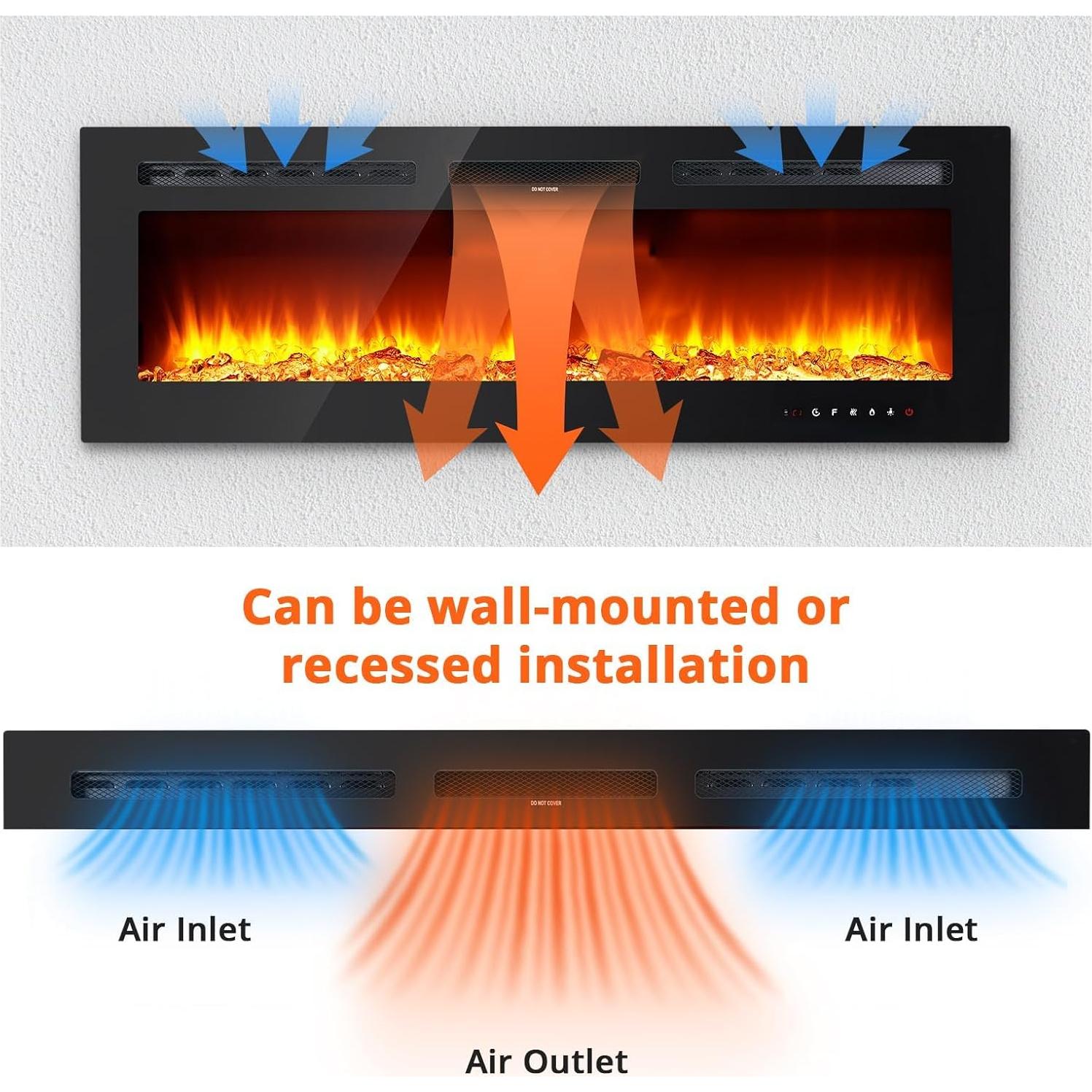 Electric Fireplace Heater - 60" Wall Mounted & Recessed, Remote Control, 120V/1500W Power, Adjustable Flame Colors, Timer Function, Log & Crystal Set Options.