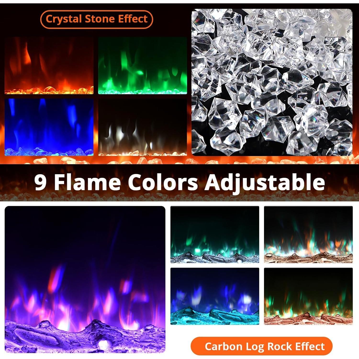 Electric Fireplace Heater - 60" Wall Mounted & Recessed, Remote Control, 120V/1500W Power, Adjustable Flame Colors, Timer Function, Log & Crystal Set Options.