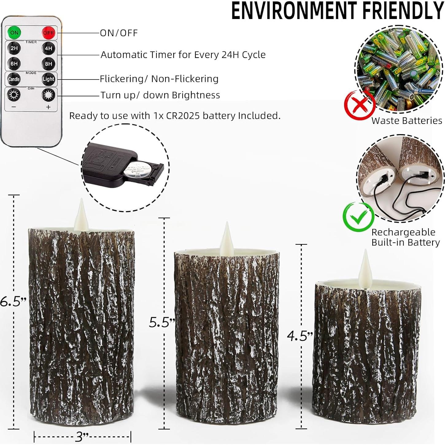 Vela LED Niceme Recargable 3 Piezas Corteza de Pino