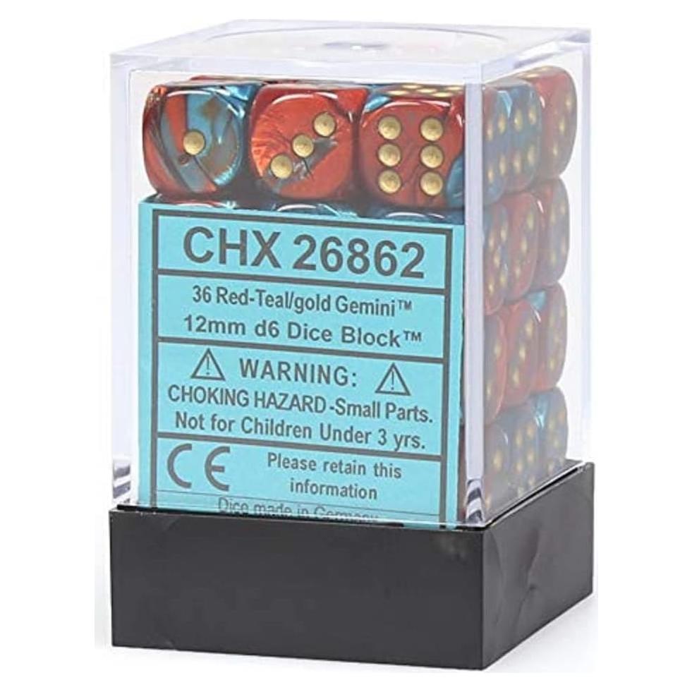 Juego de Dados DND Chessex 36 D6 12mm Rojo Teal Dorado