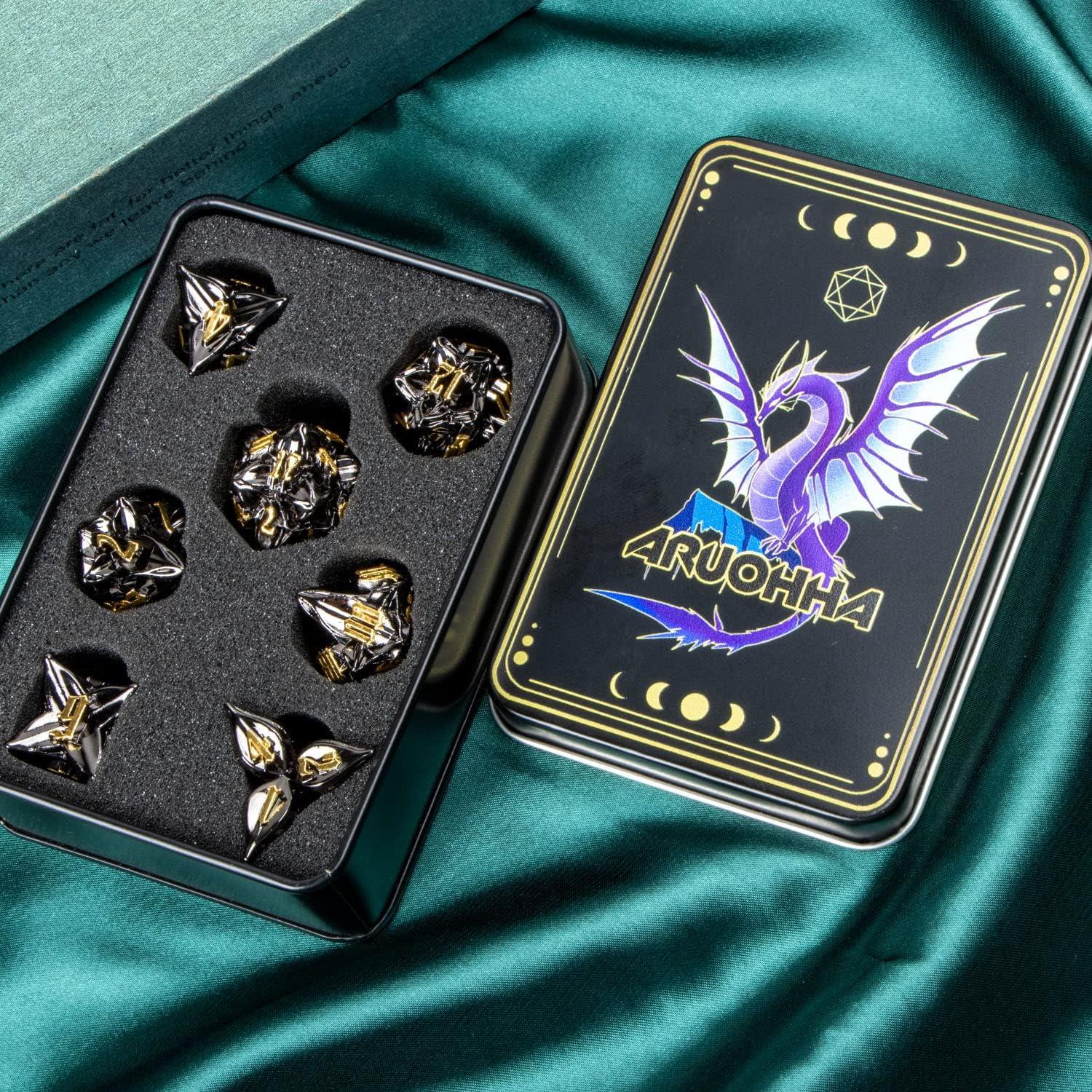Dados de Metal ARUOHHA 7PCS D&D Hoja Oro Negra RPG