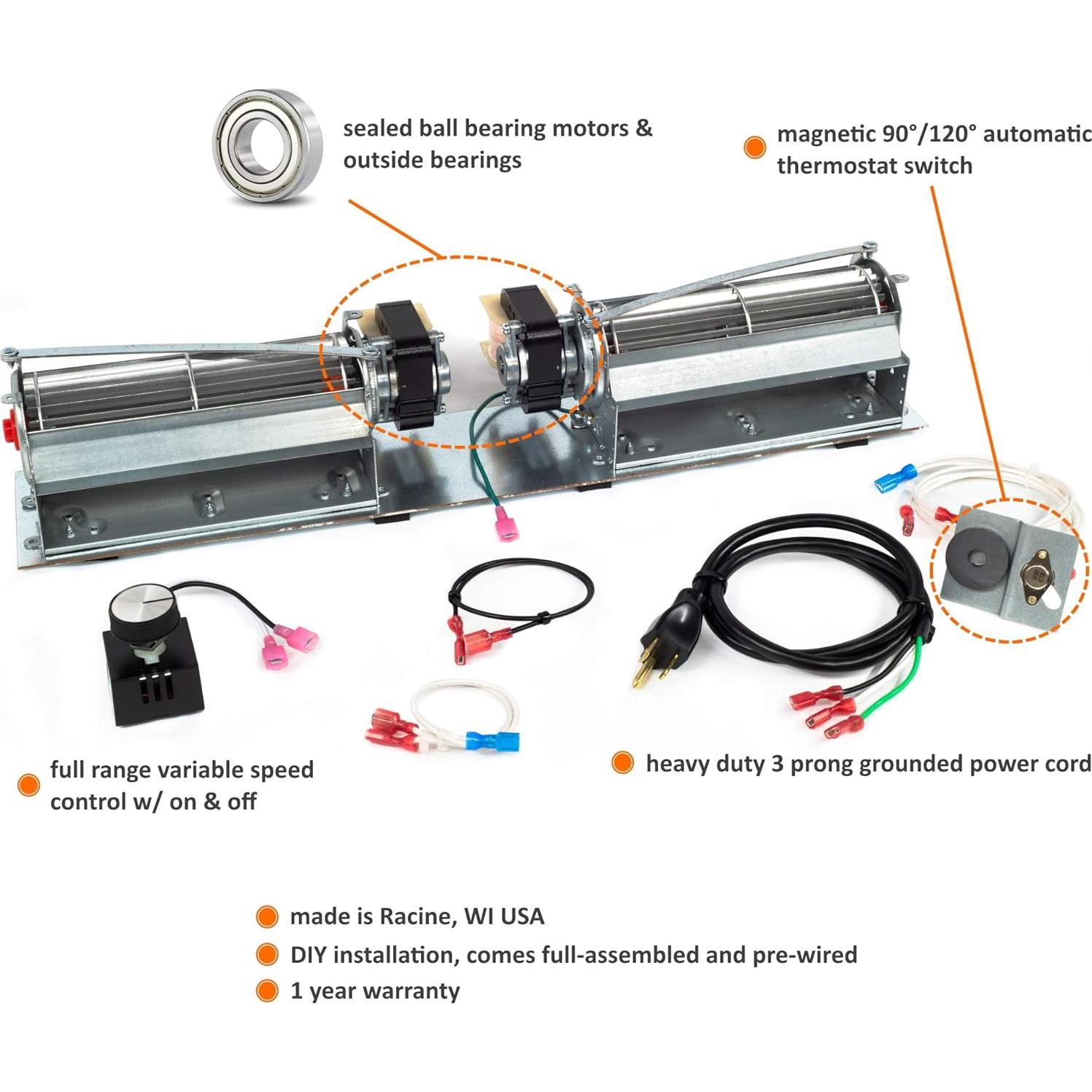 Kit Ventilador Doble RCFK FireplaceBlowersOnline | Silencioso, 220 CFM