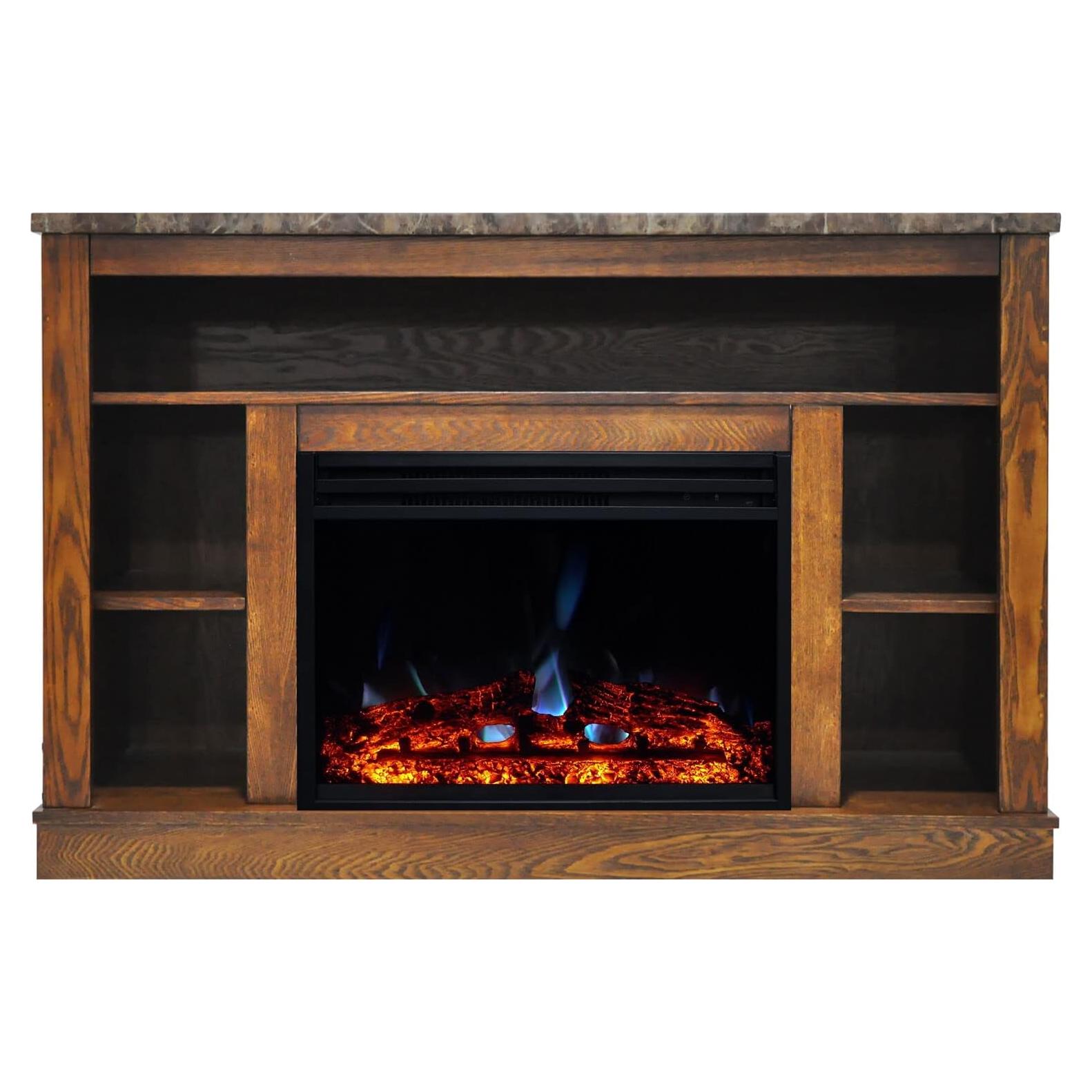 Oxford 47 In. Electric Fireplace Heater with 1500W Deep Log Insert, Multi-Color Flames, and A/V Storage Mantel in Walnut