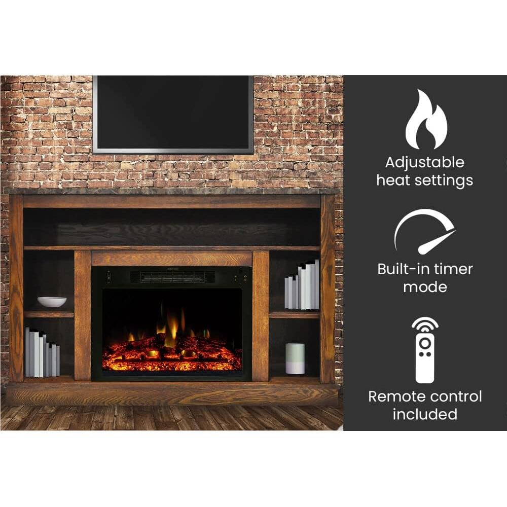 Oxford 47 In. Electric Fireplace Heater with 1500W Deep Log Insert, Multi-Color Flames, and A/V Storage Mantel in Walnut