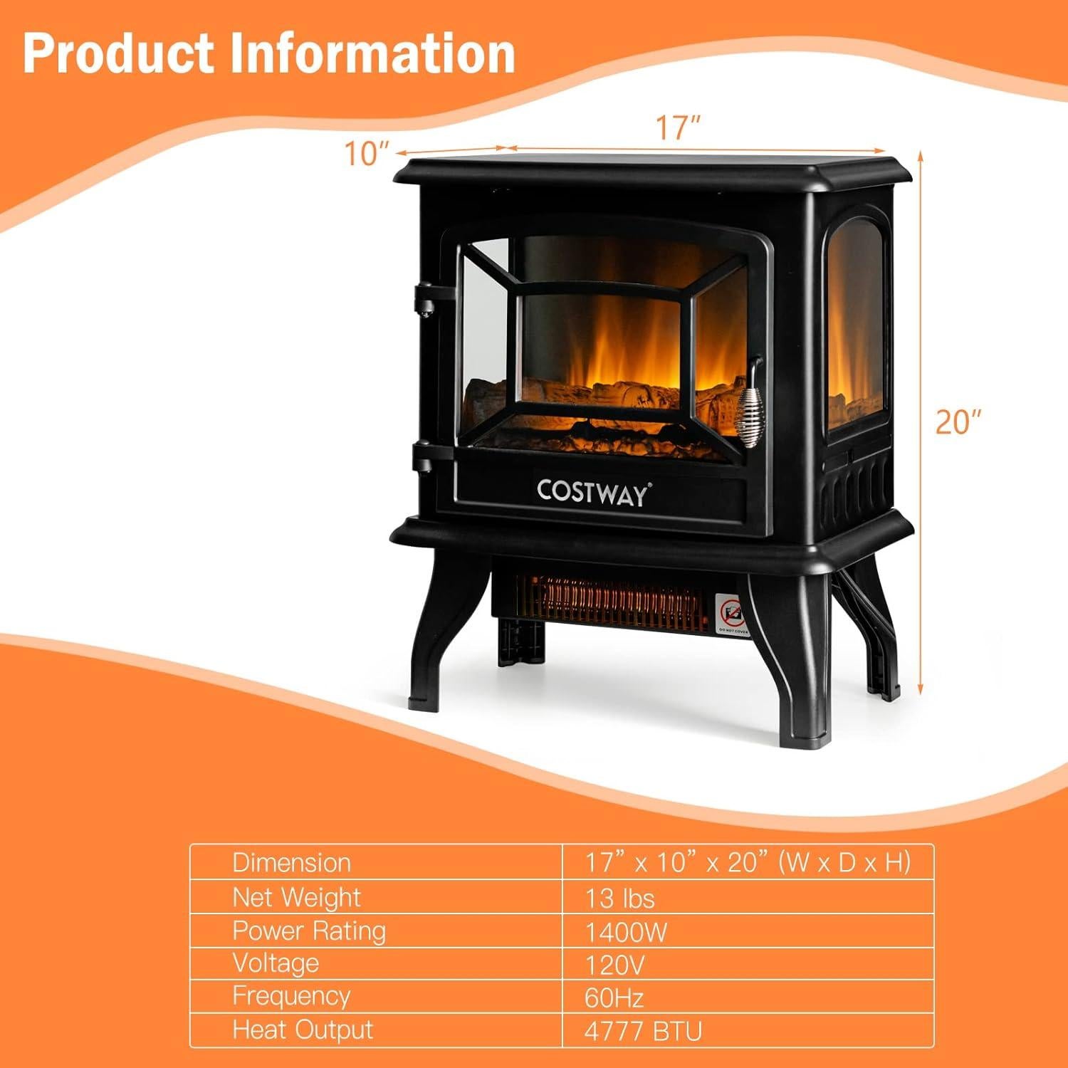 Estufa de Chimenea Eléctrica COSTWAY SF507-17B 1400W 4777 BTU