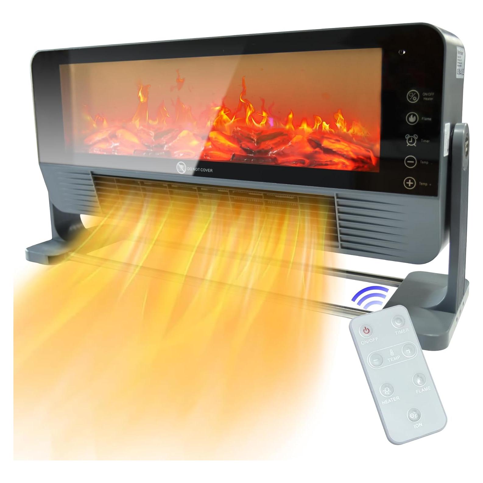 Electric Space Heater Indoor, 1500W Floor or Wall Mounted Heater with 3D Flame Effect, PTC Ceramic Electric Fireplace Heater with Remote Control for Office Bedroom Living Room