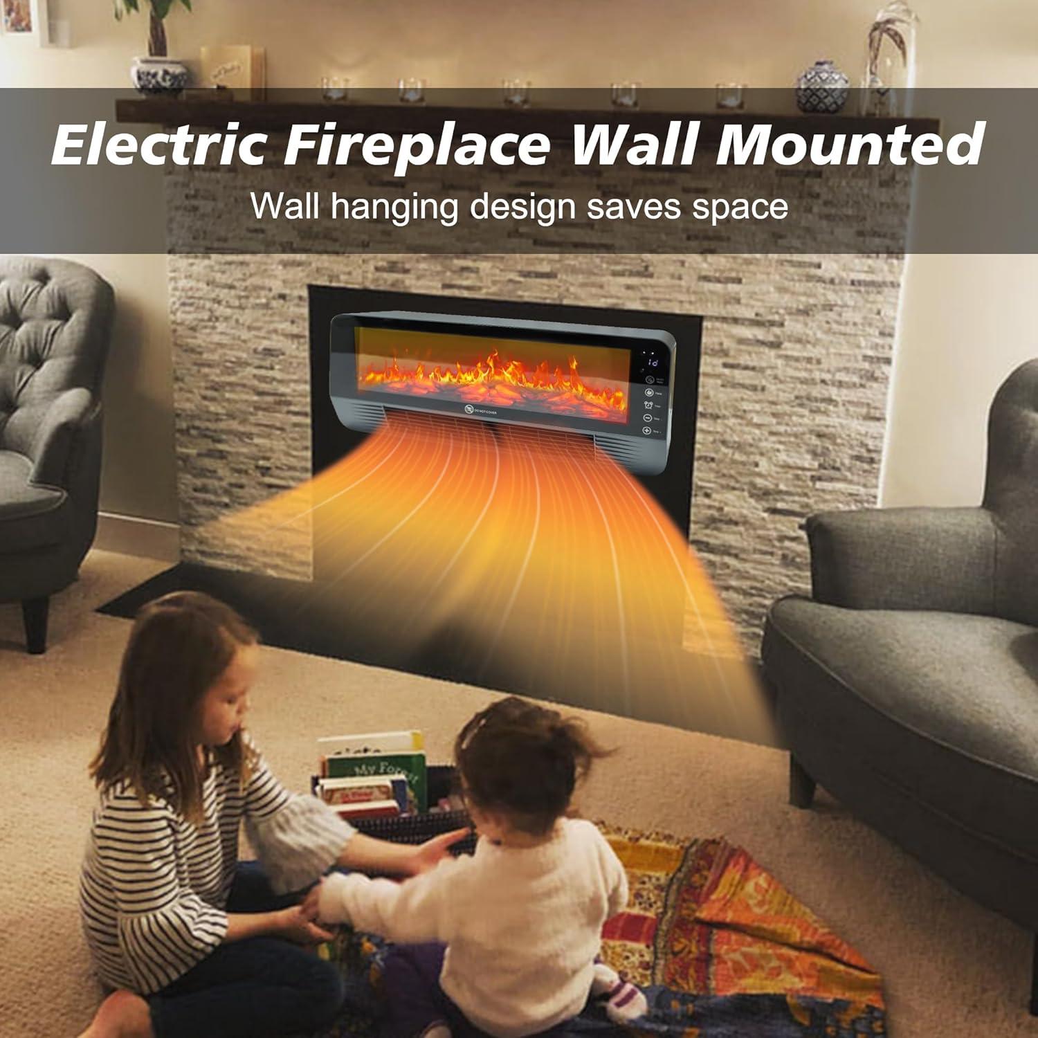 Electric Space Heater Indoor, 1500W Floor or Wall Mounted Heater with 3D Flame Effect, PTC Ceramic Electric Fireplace Heater with Remote Control for Office Bedroom Living Room