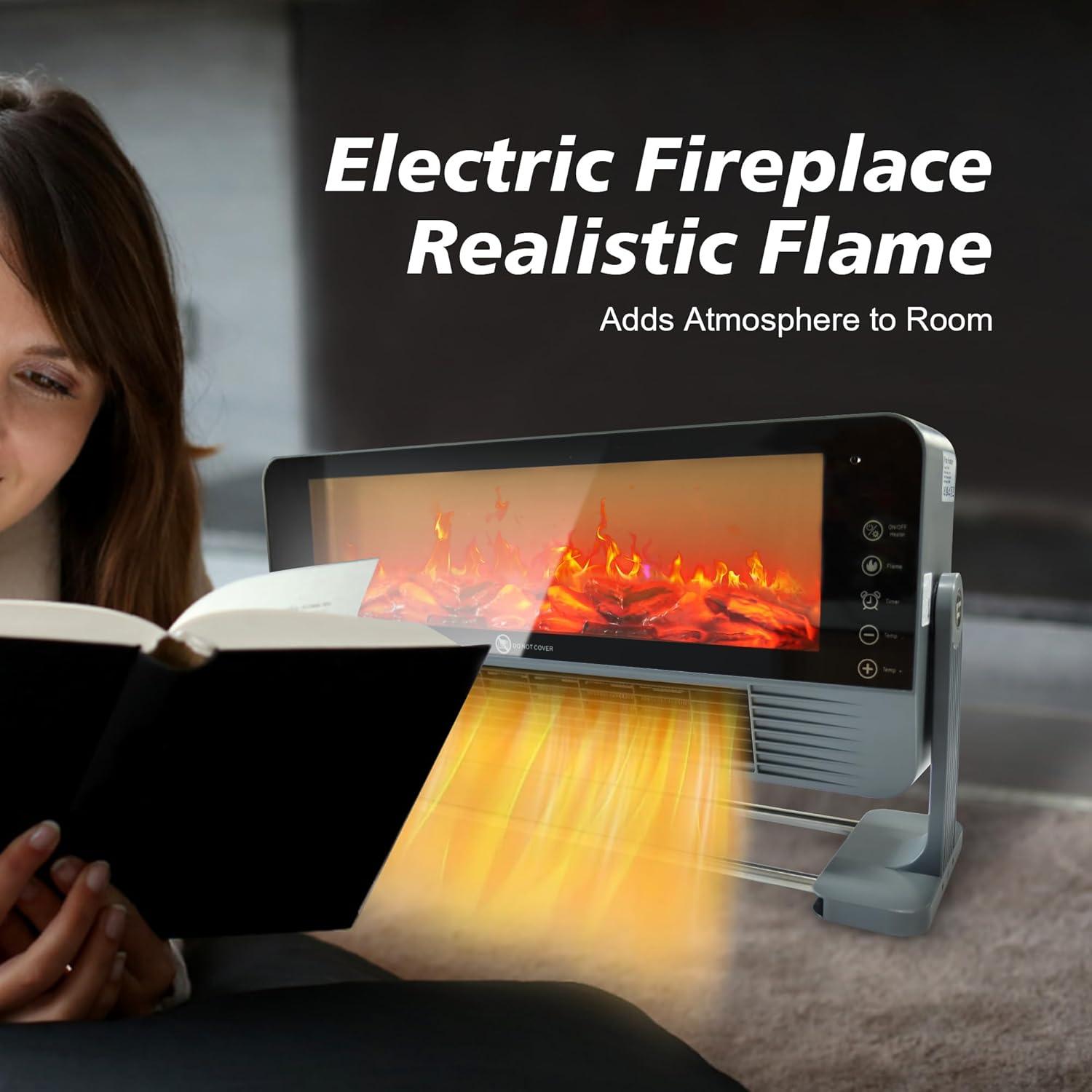 Electric Space Heater Indoor, 1500W Floor or Wall Mounted Heater with 3D Flame Effect, PTC Ceramic Electric Fireplace Heater with Remote Control for Office Bedroom Living Room