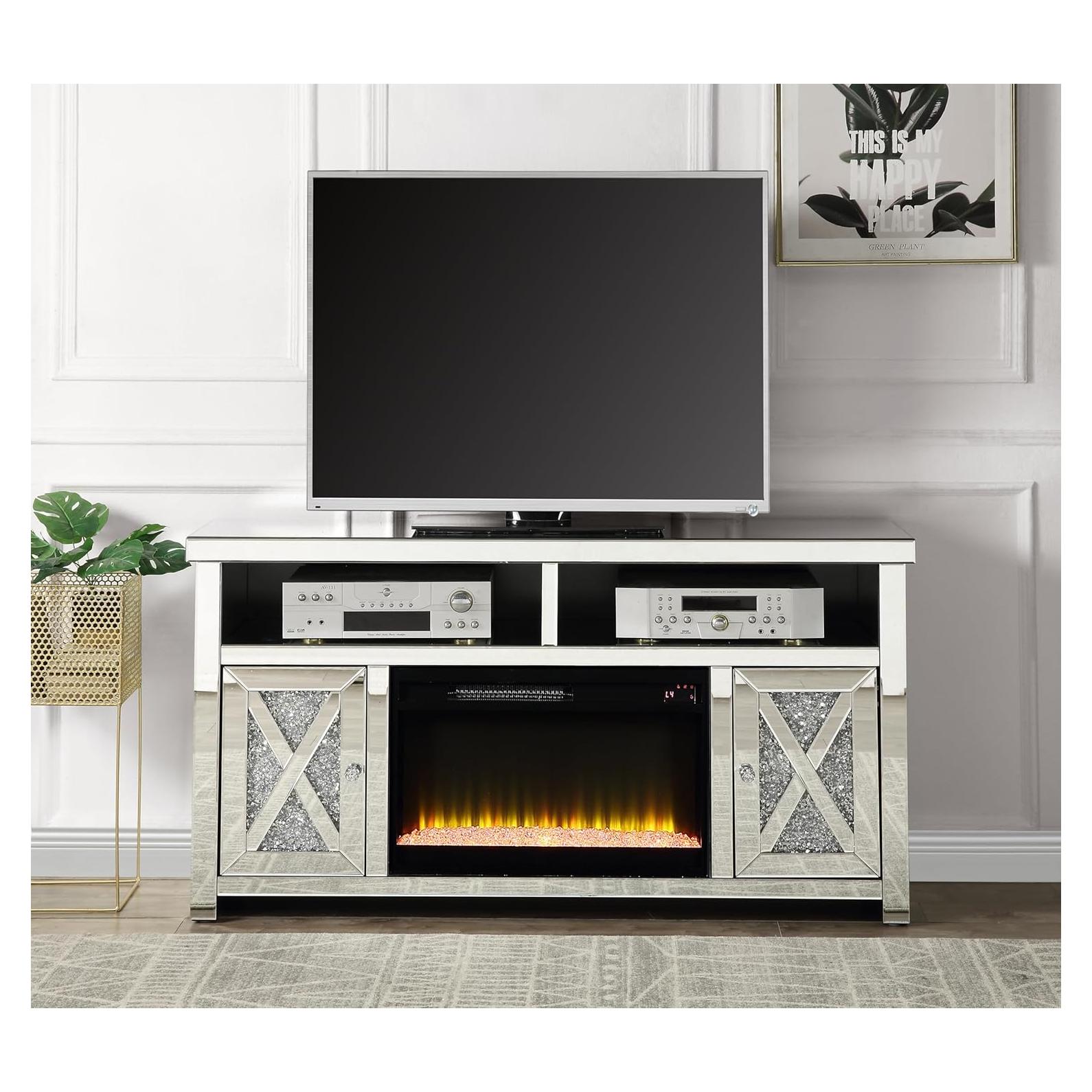 NicBexTV Stand W/Fireplace with an Alluring Mirrored and Faux Diamond Finish Electric Heaters for Indoor Use Fireplace TV Stands for Living Room Freestanding Fireplace, Silver