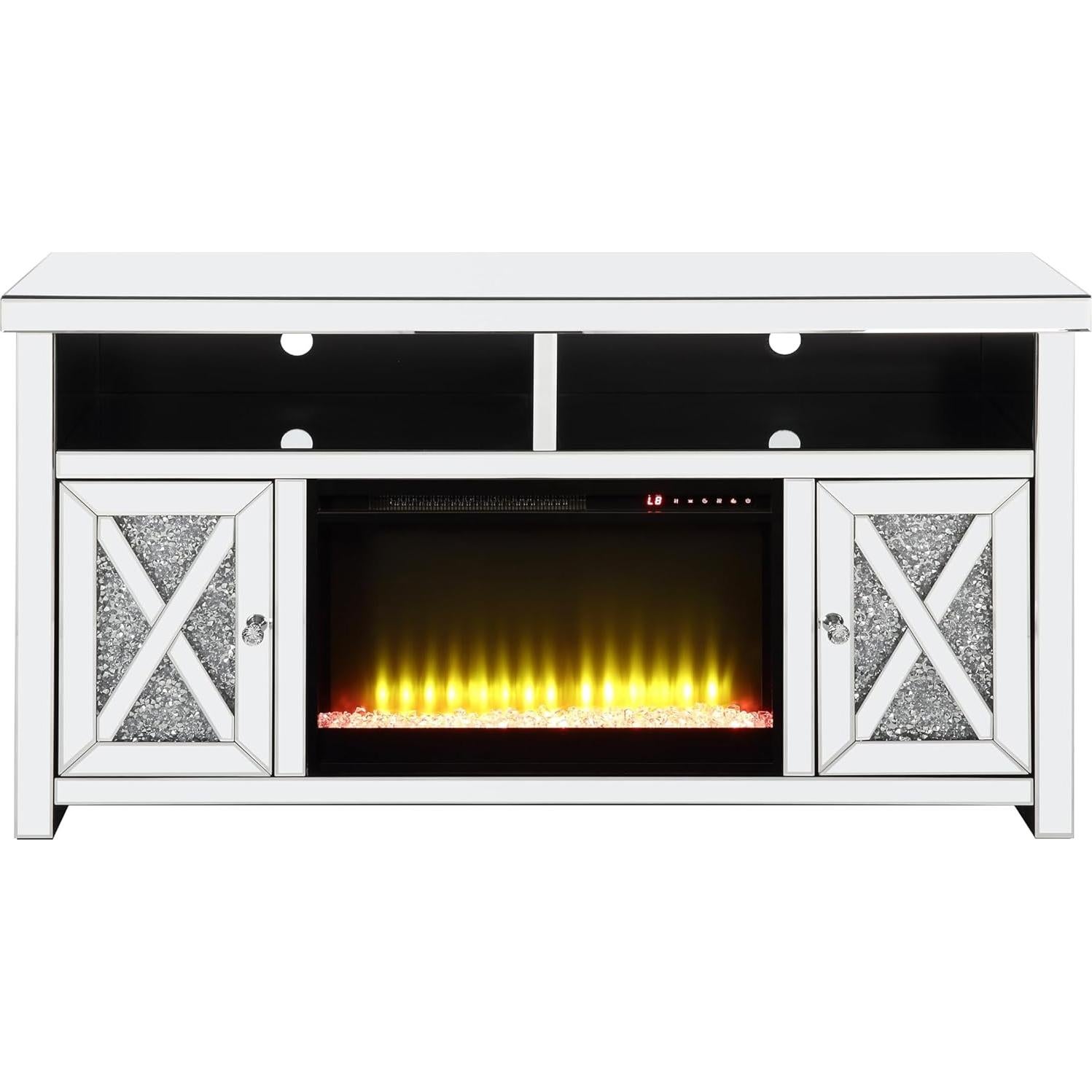 NicBexTV Stand W/Fireplace with an Alluring Mirrored and Faux Diamond Finish Electric Heaters for Indoor Use Fireplace TV Stands for Living Room Freestanding Fireplace, Silver