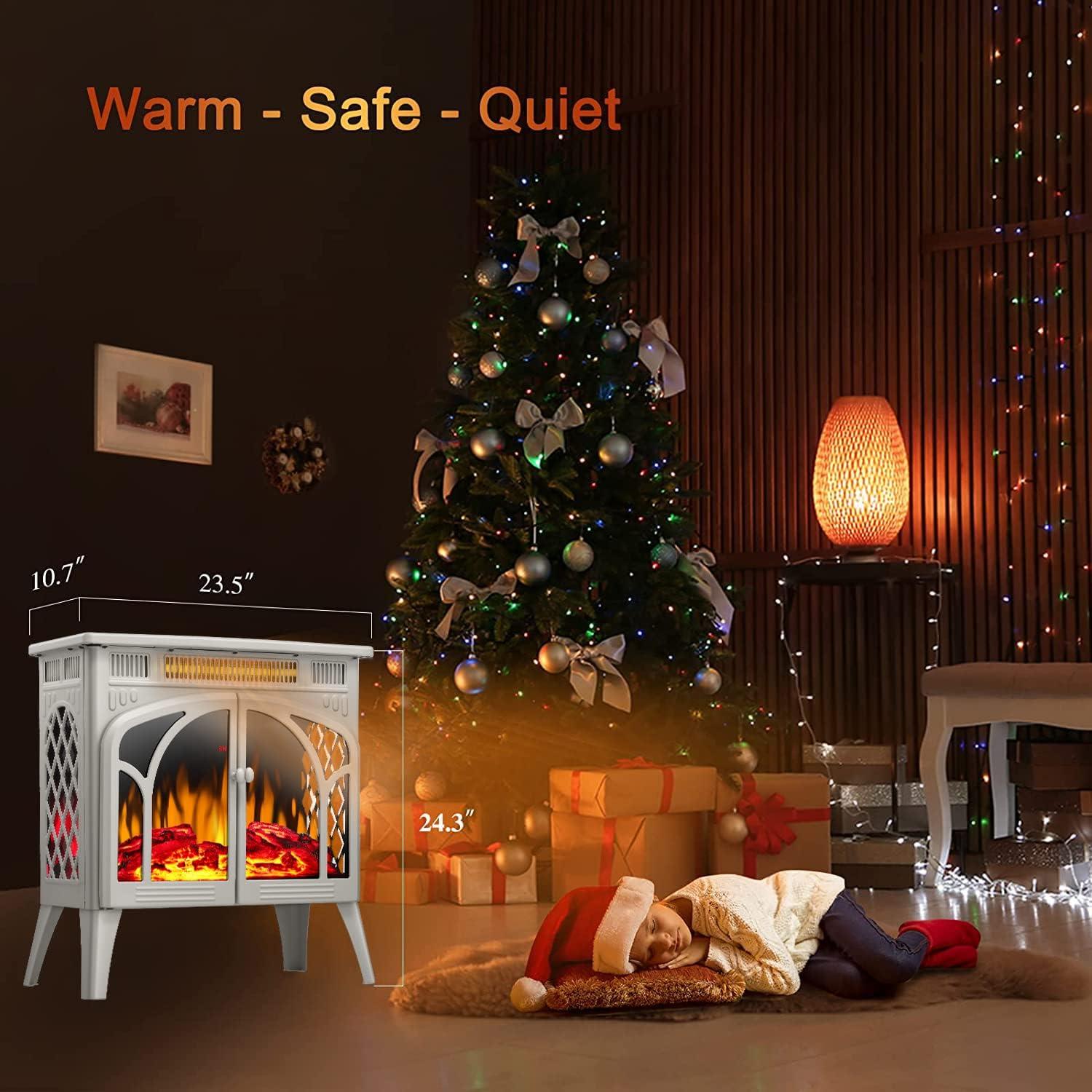 Joy Pebble Electric Fireplace Stove Heater,23'' Electric Fireplace, Fireplace Heater with 3D Logs and 4 Realistic Flame,1500w,Beige