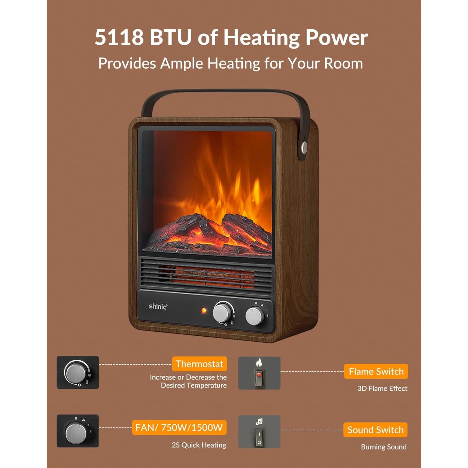 Electric Fireplace Heaters for Indoor Use,1500W Space Heater Fireplace with Realistic Flame & Fire Crackling Sound, Safety Protection, Portable Fireplace Heater for Home Office Christmas Decoration