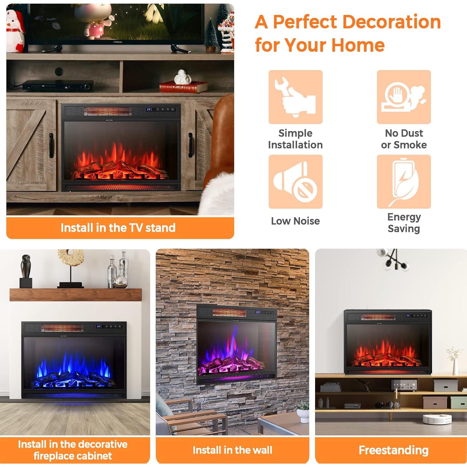 ORALNER Electric Fireplace Insert 25 Inch, Recessed Fireplace Heater with Adjustable Brightness, Remote Control & 6H Timer, Overheating Protection, 900W/1350W Fireplace Insert for TV Stand, Black