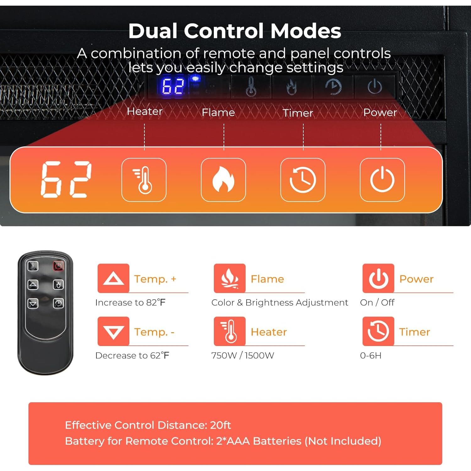 Chimenea Eléctrica Recesada RELAX4LIFE 26" 750/1500W 3 Llamas
