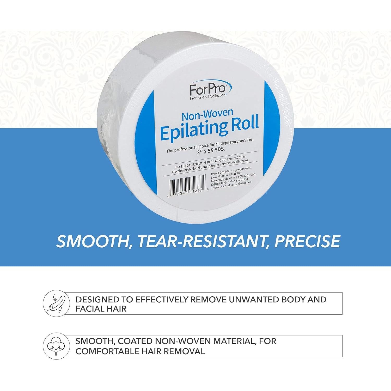 ForPro Non-Woven Epilating Roll for Body and Facial Hair Removal, Tear-Resistant, Lint-Free, 3” x 55 Yards, White