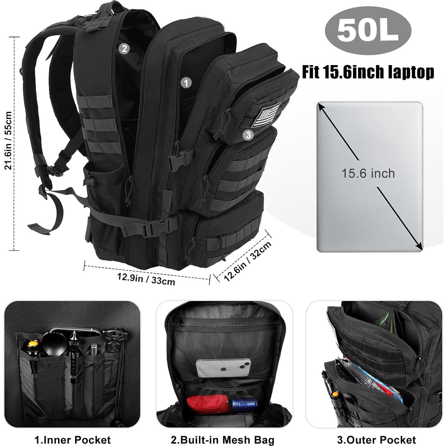 Mochila Táctica Militar 50L Shenzhenshi Negra Resistente Agua