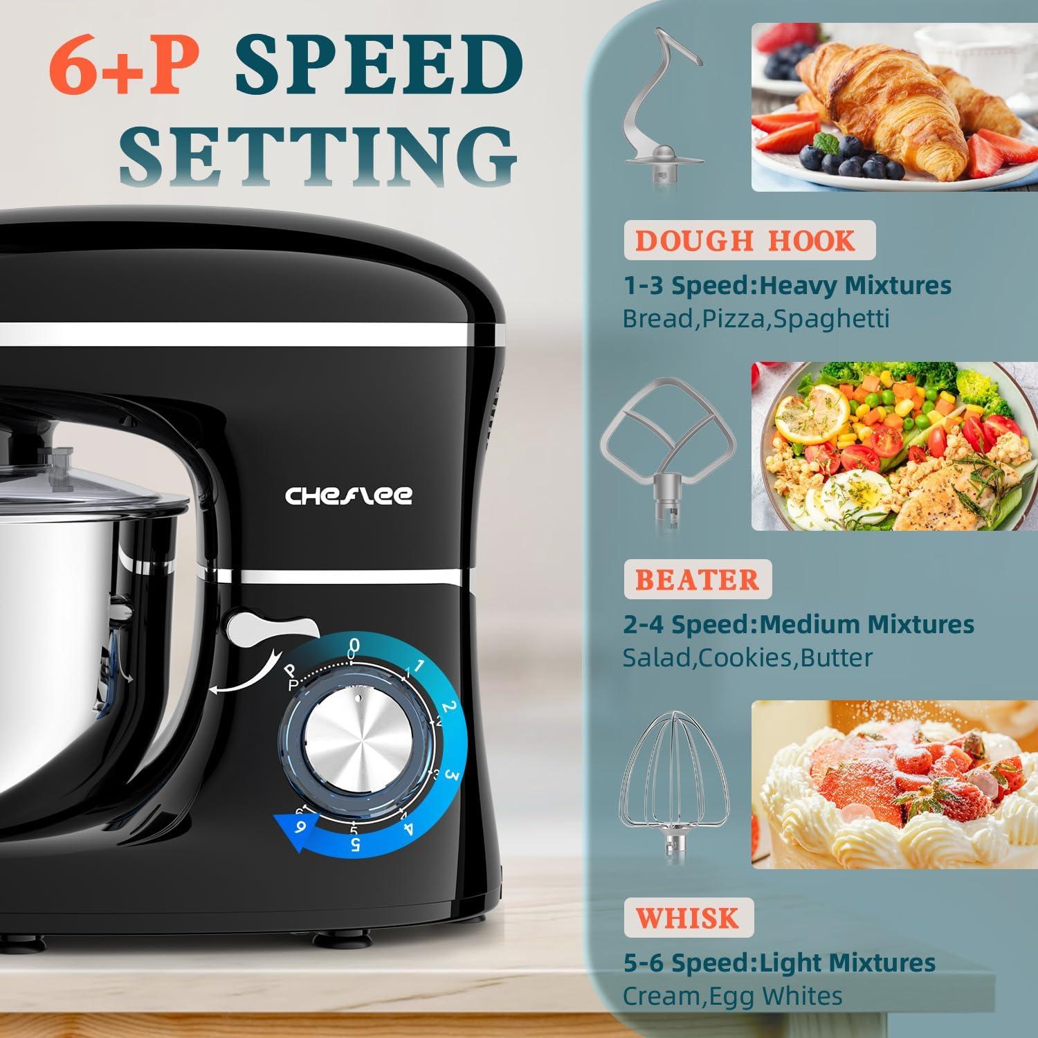CHeflee Stand Mixer,600W 6+P With 6.5QT Stainless Steel Bowl,Dough Hook, Wire Whip & Beater,for Most Home Cooks,Black