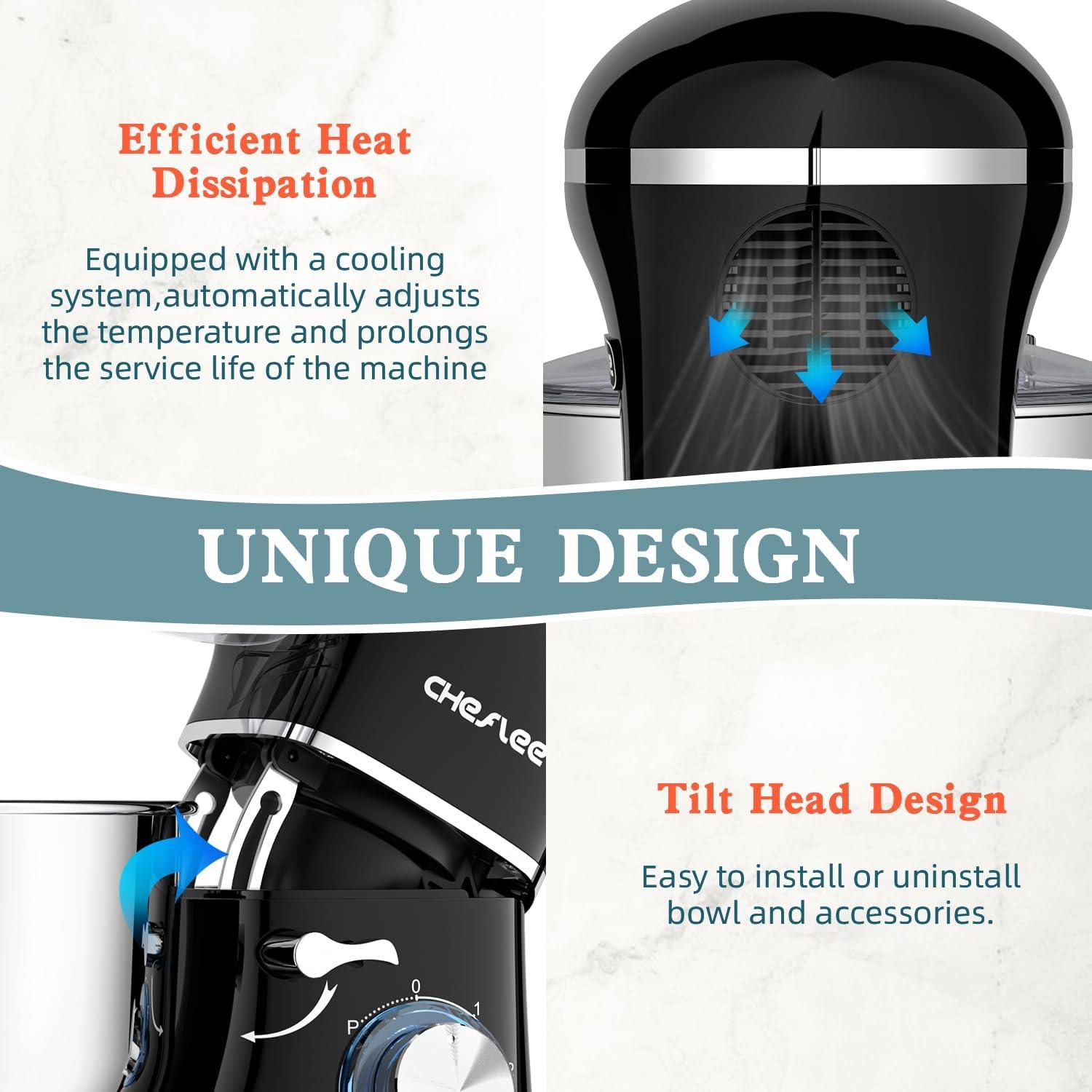 CHeflee Stand Mixer,600W 6+P With 6.5QT Stainless Steel Bowl,Dough Hook, Wire Whip & Beater,for Most Home Cooks,Black