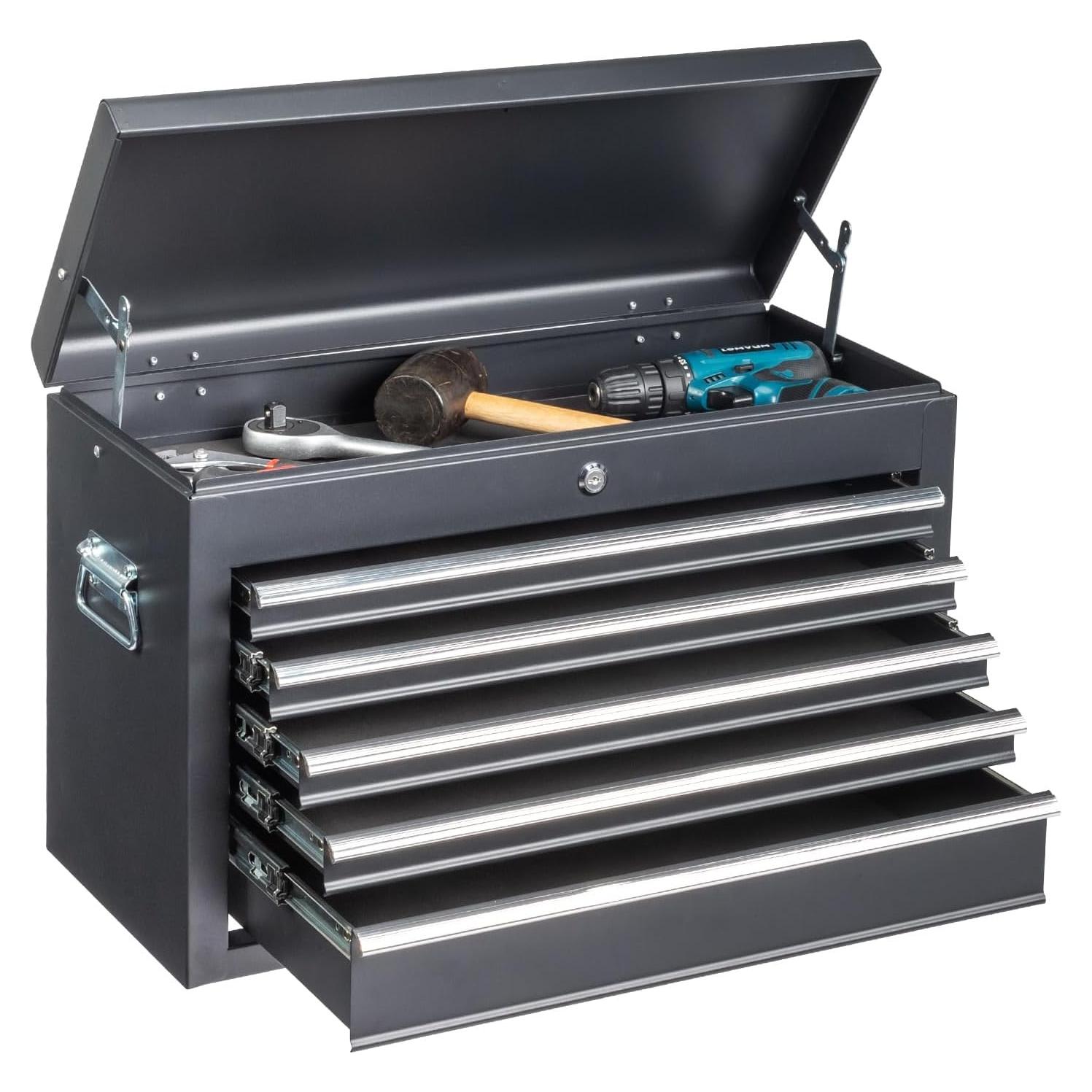 Winado 24" Portable Tool Box, 5 Drawers & Top Storage Tray Tool Box with Drawers, Lockable Metal Tool Chest Cabinet for Garage, Warehouse, Repair Shop & Home