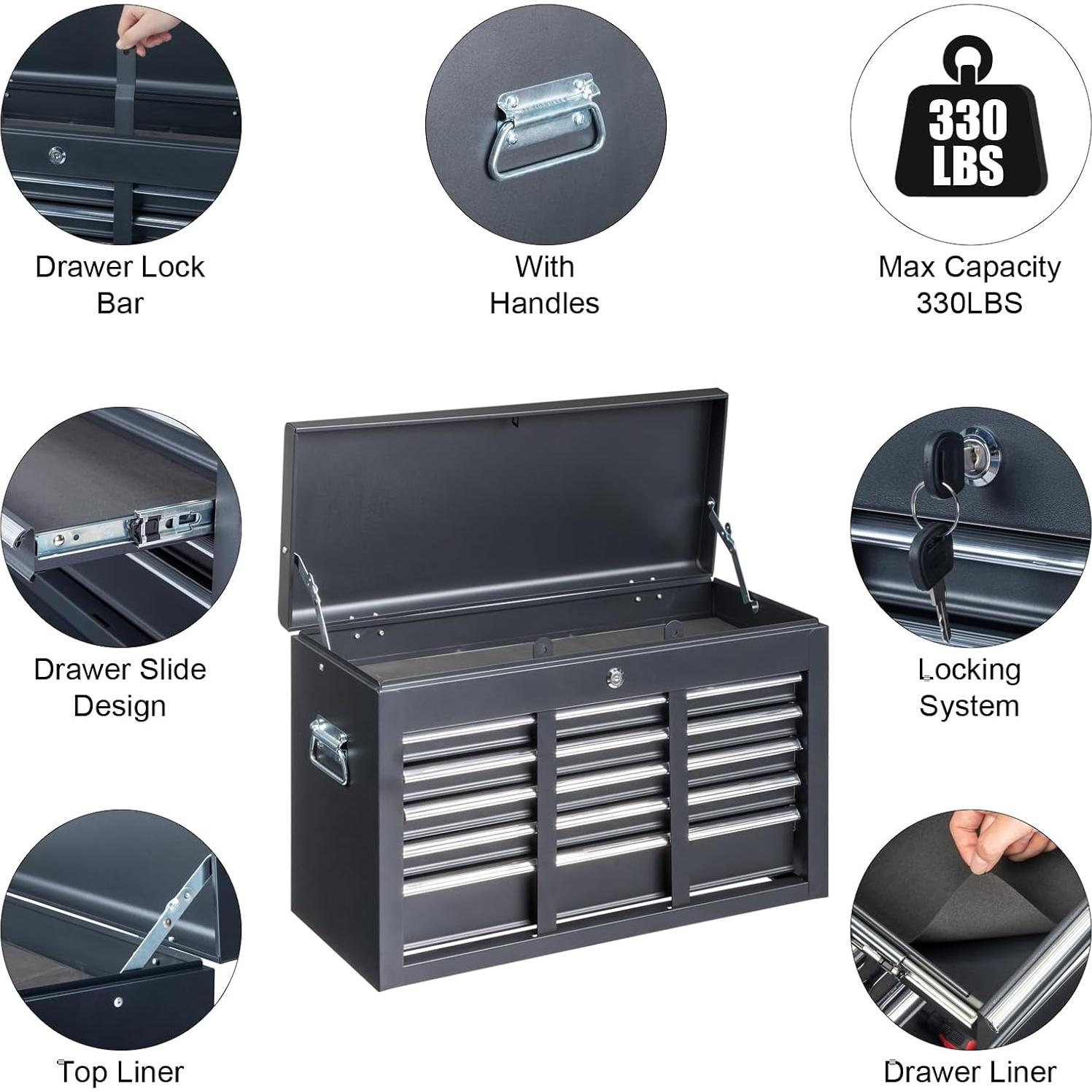Winado 24" Portable Tool Box, 5 Drawers & Top Storage Tray Tool Box with Drawers, Lockable Metal Tool Chest Cabinet for Garage, Warehouse, Repair Shop & Home