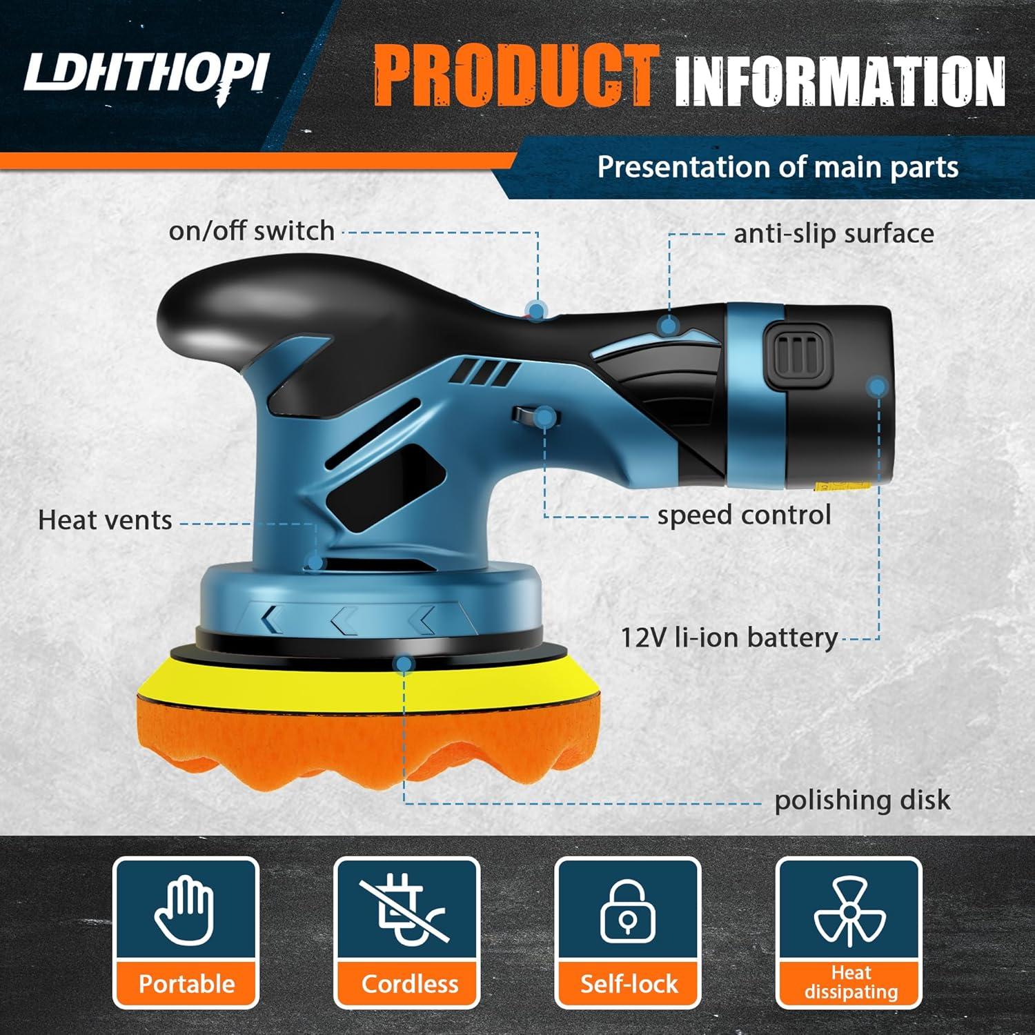 Pulidora Inalámbrica LDHTHOPI 12V 2000mAh 6 Velocidades