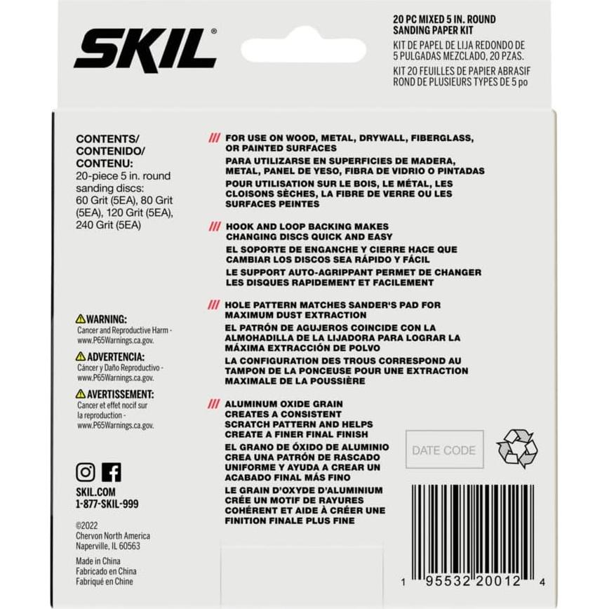 Kit de Papel de Lija Redondo Mixto SKIL 20 Piezas 12.7 cm 60-240 Granos