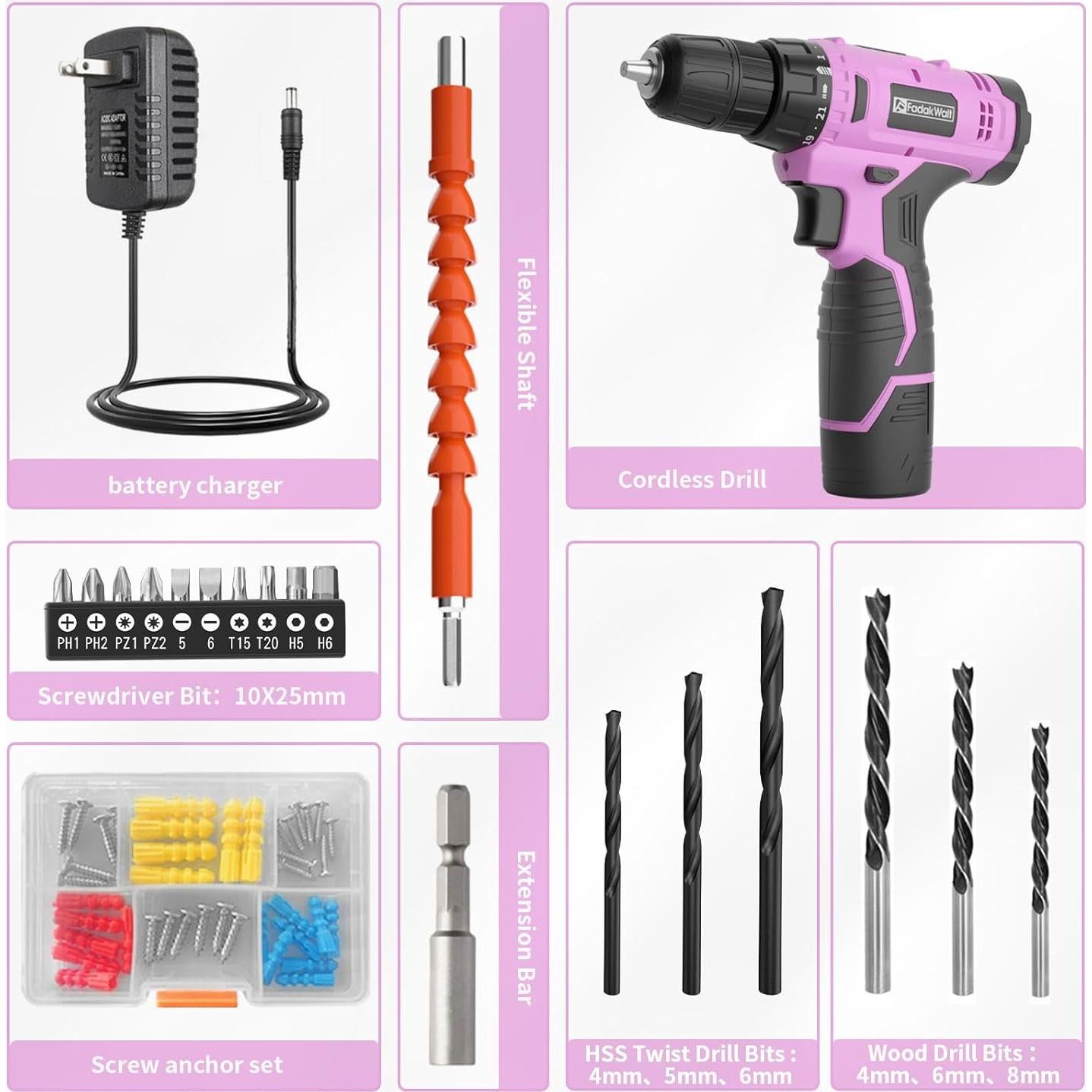 Taladro Inalámbrico FADAKWALT 12V Rosa con Batería y Cargador