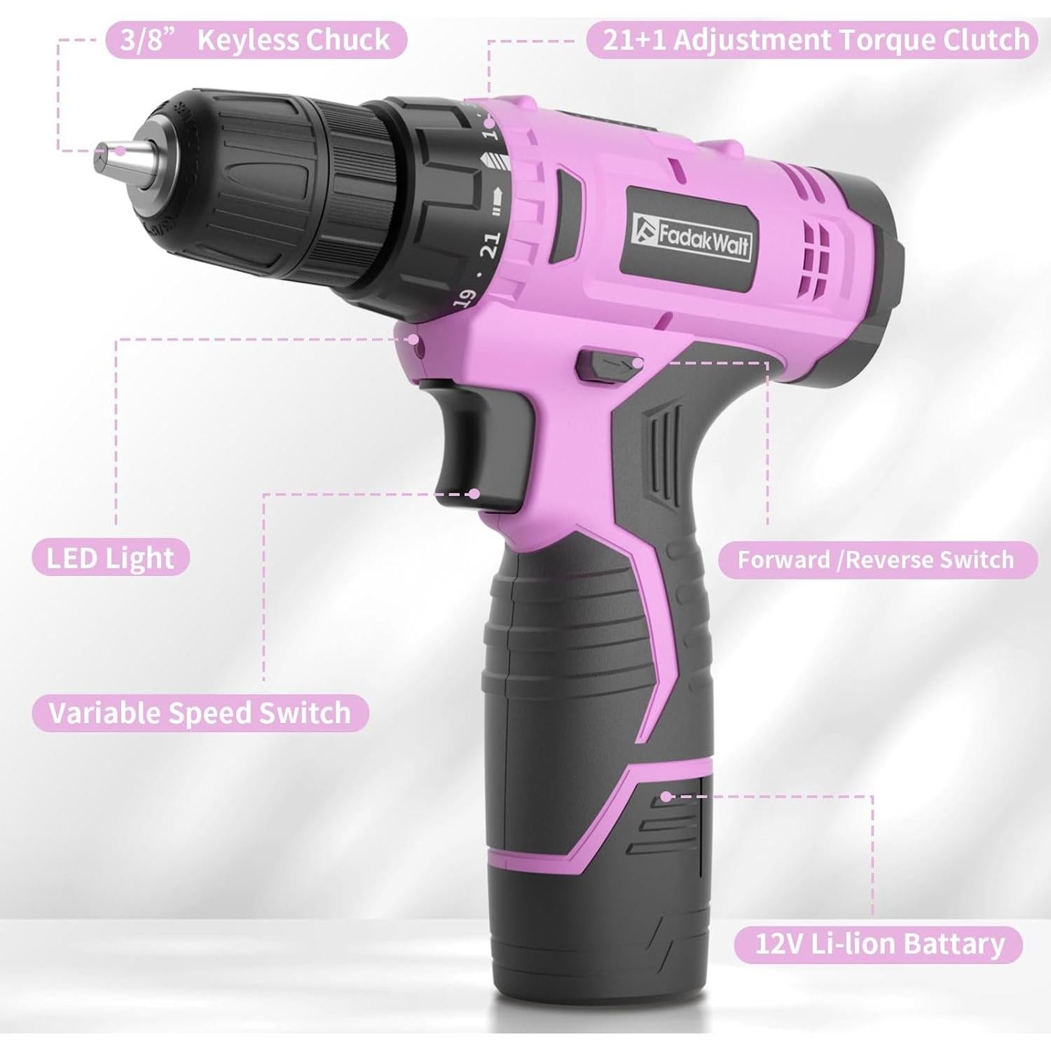 Taladro Inalámbrico FADAKWALT 12V Rosa con Batería y Cargador