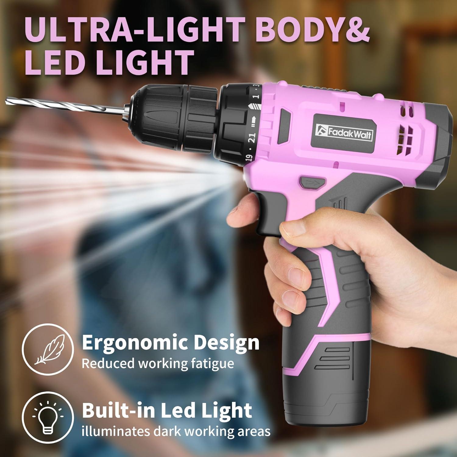 Taladro Inalámbrico FADAKWALT 12V Rosa con Batería y Cargador