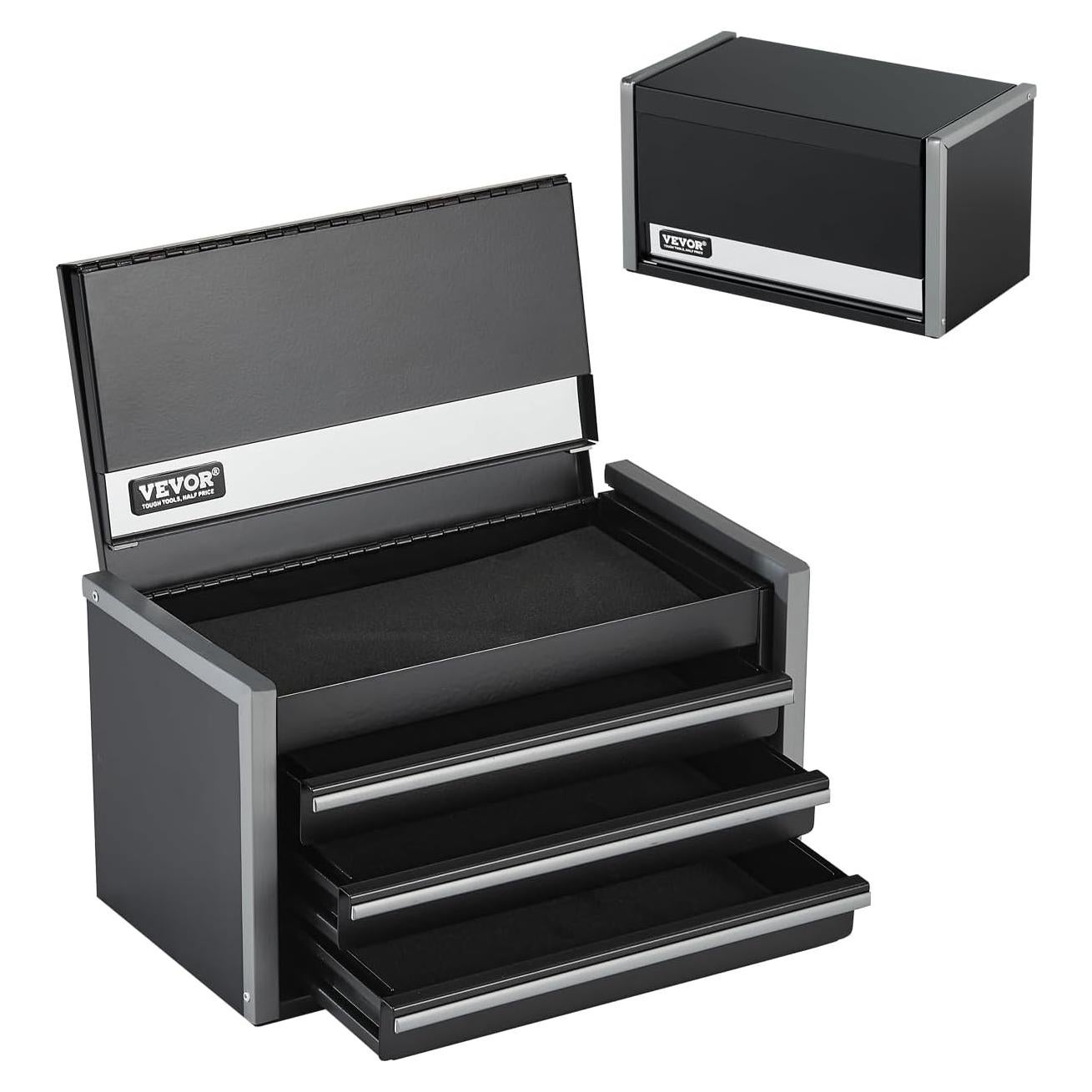 VEVOR Metal Tool Box, 8.6-inch, Portable Metal Tool Box with 3 Drawers, Small Tool Chest with EVA Liners and PP Feet Pads, Heavy-Duty Steel With Ball Bearing Opening and Powder Coated Finish, Black