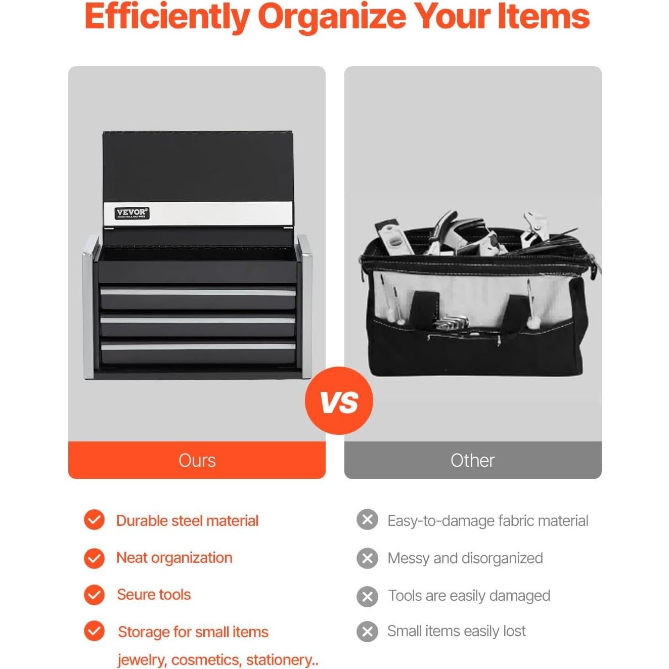 VEVOR Metal Tool Box, 8.6-inch, Portable Metal Tool Box with 3 Drawers, Small Tool Chest with EVA Liners and PP Feet Pads, Heavy-Duty Steel With Ball Bearing Opening and Powder Coated Finish, Black