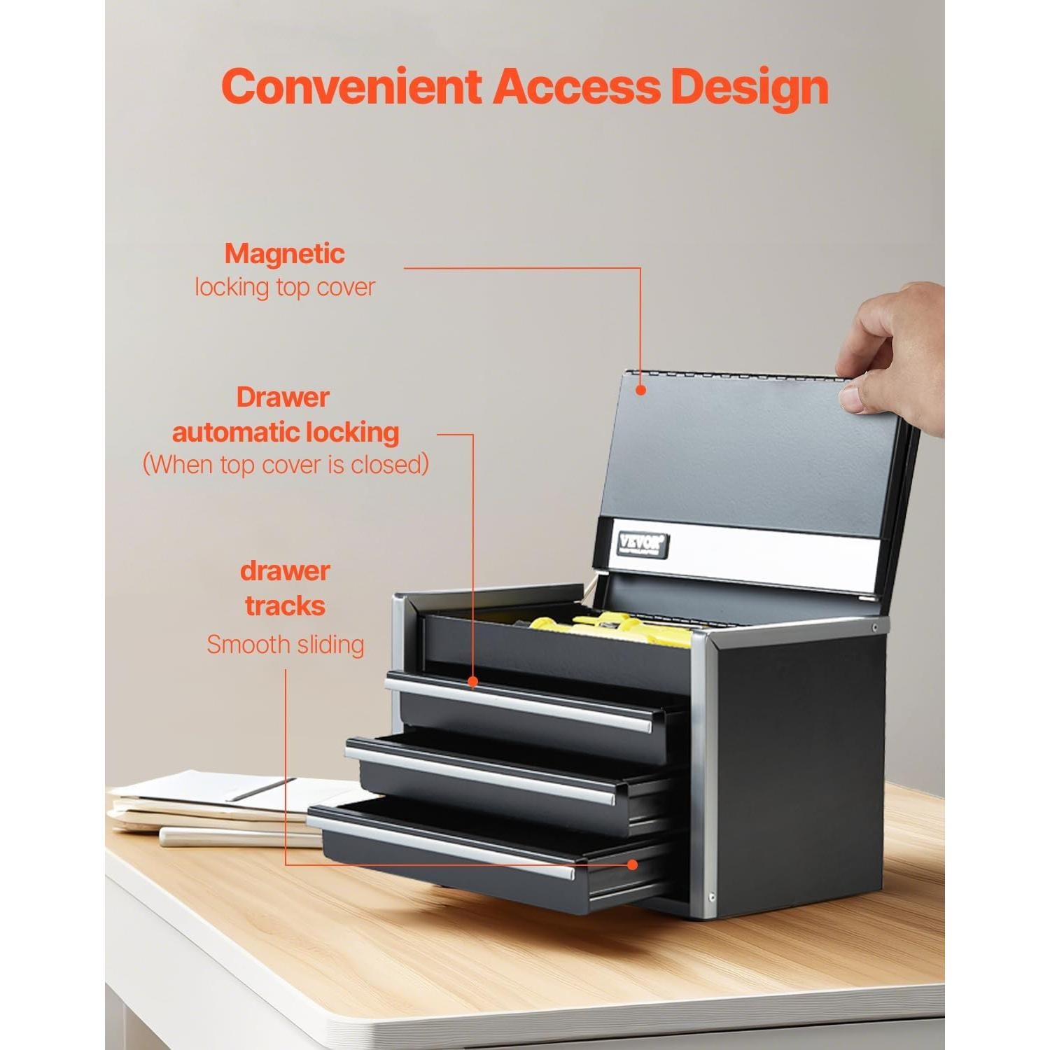 VEVOR Metal Tool Box, 8.6-inch, Portable Metal Tool Box with 3 Drawers, Small Tool Chest with EVA Liners and PP Feet Pads, Heavy-Duty Steel With Ball Bearing Opening and Powder Coated Finish, Black