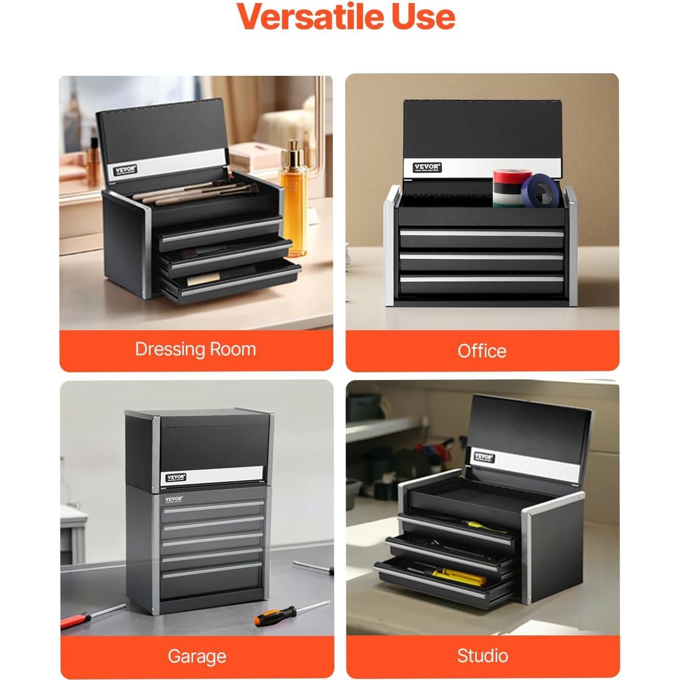 VEVOR Metal Tool Box, 8.6-inch, Portable Metal Tool Box with 3 Drawers, Small Tool Chest with EVA Liners and PP Feet Pads, Heavy-Duty Steel With Ball Bearing Opening and Powder Coated Finish, Black