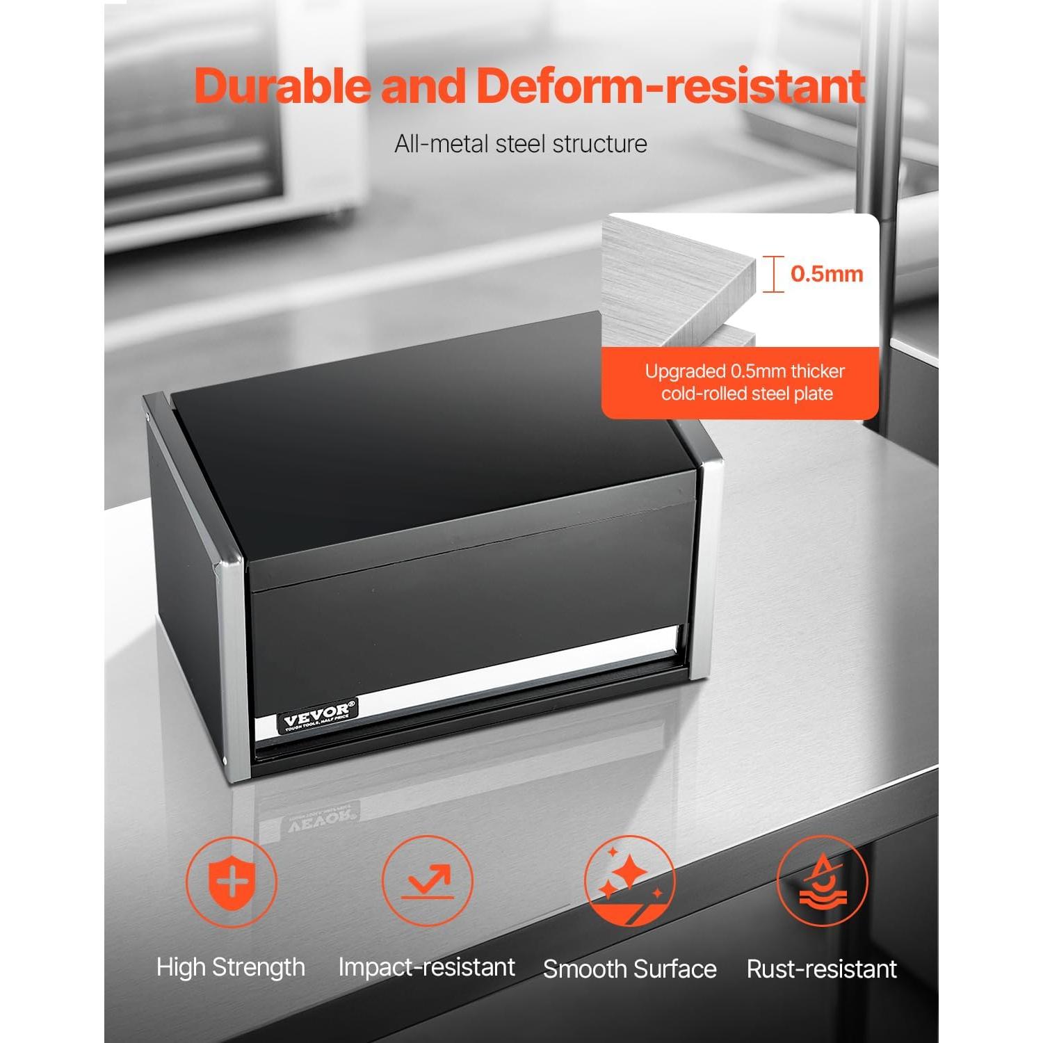 VEVOR Metal Tool Box, 8.6-inch, Portable Metal Tool Box with 3 Drawers, Small Tool Chest with EVA Liners and PP Feet Pads, Heavy-Duty Steel With Ball Bearing Opening and Powder Coated Finish, Black