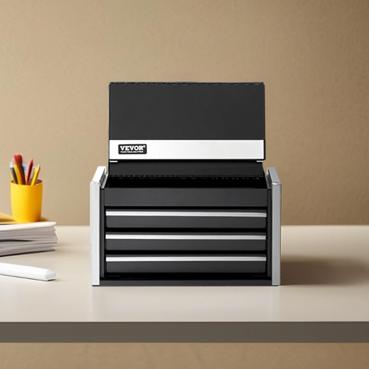 VEVOR Metal Tool Box, 8.6-inch, Portable Metal Tool Box with 3 Drawers, Small Tool Chest with EVA Liners and PP Feet Pads, Heavy-Duty Steel With Ball Bearing Opening and Powder Coated Finish, Black