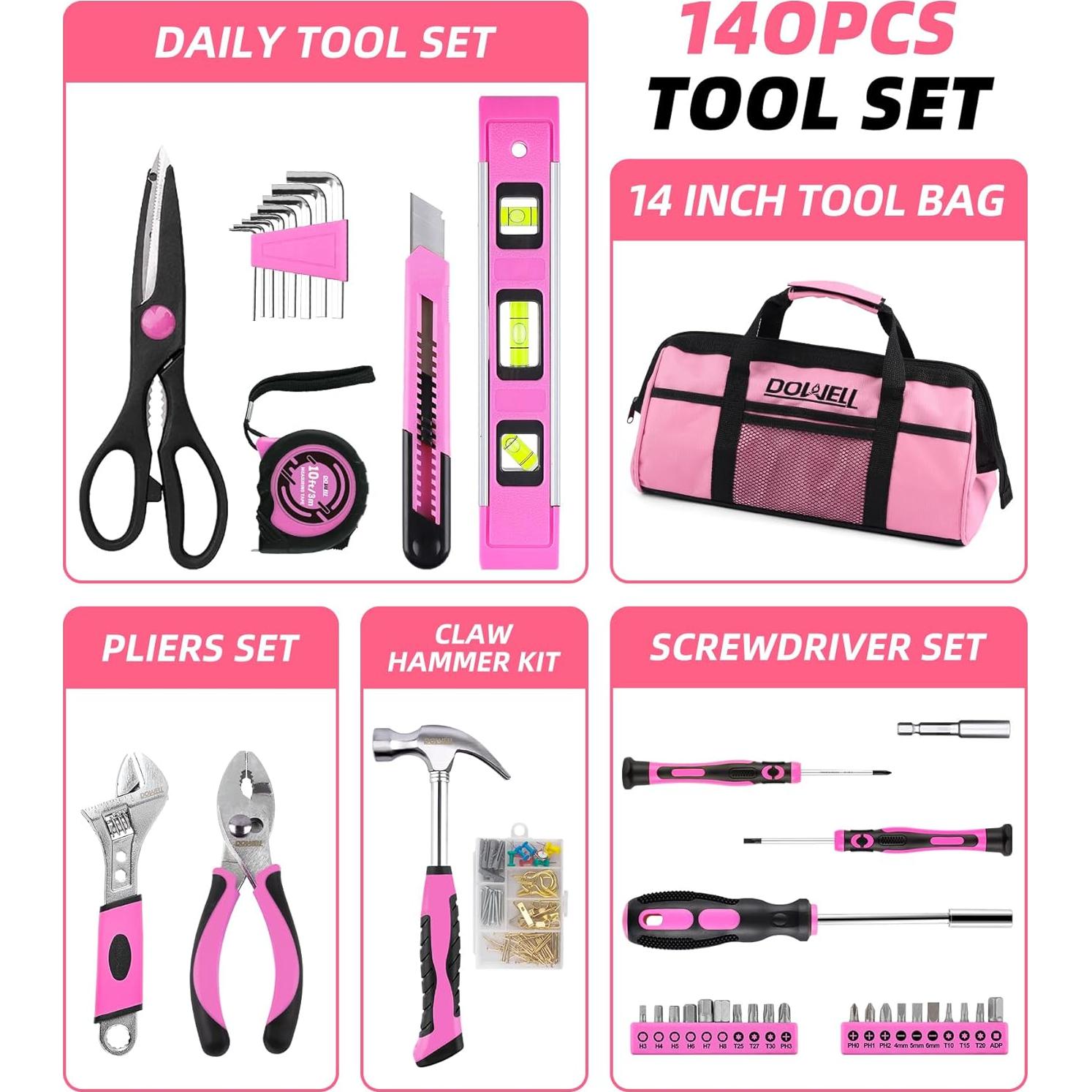 Kit de Herramientas Rosa DOWELL 140PCS con Bolsa 35.56 cm