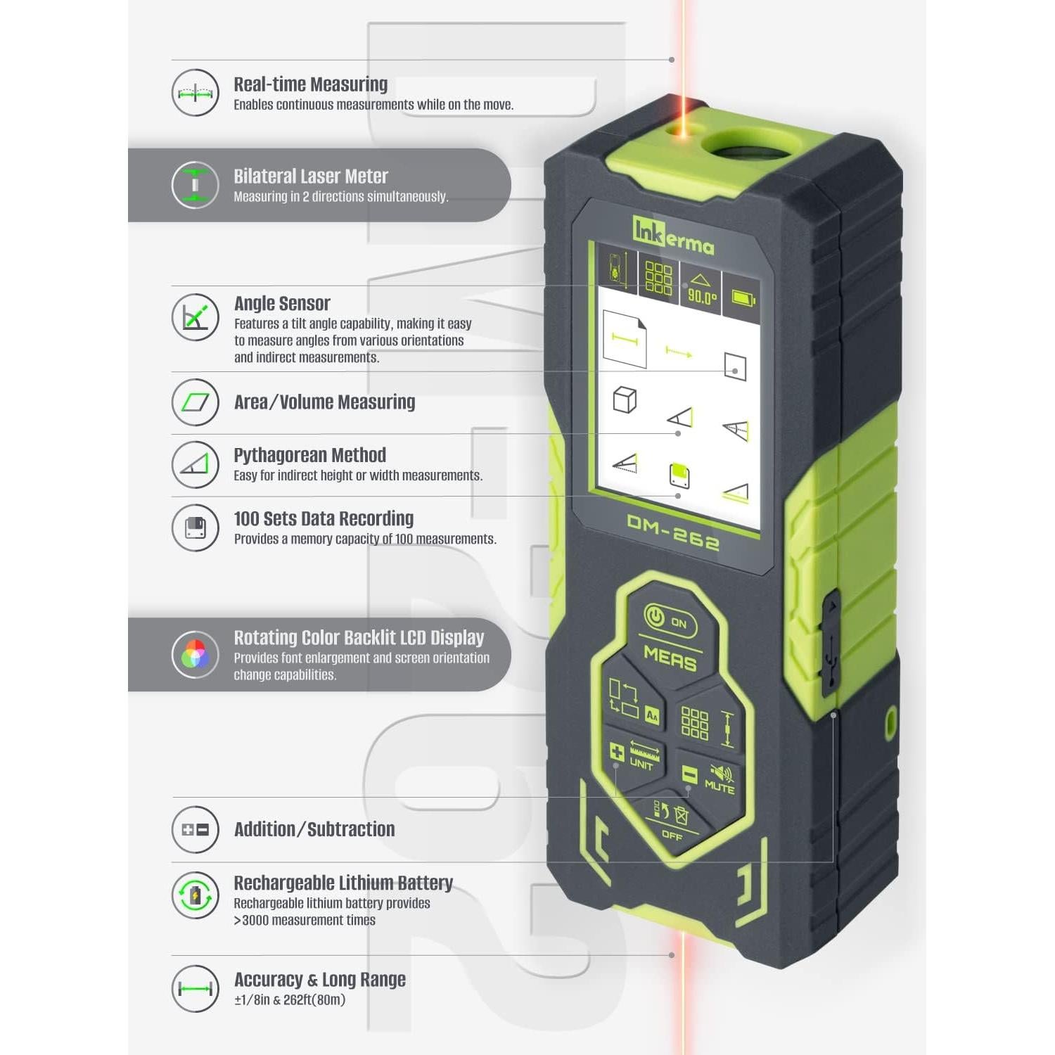 Medidor de Distancia Láser Inkerma DM-262 80m Recargable