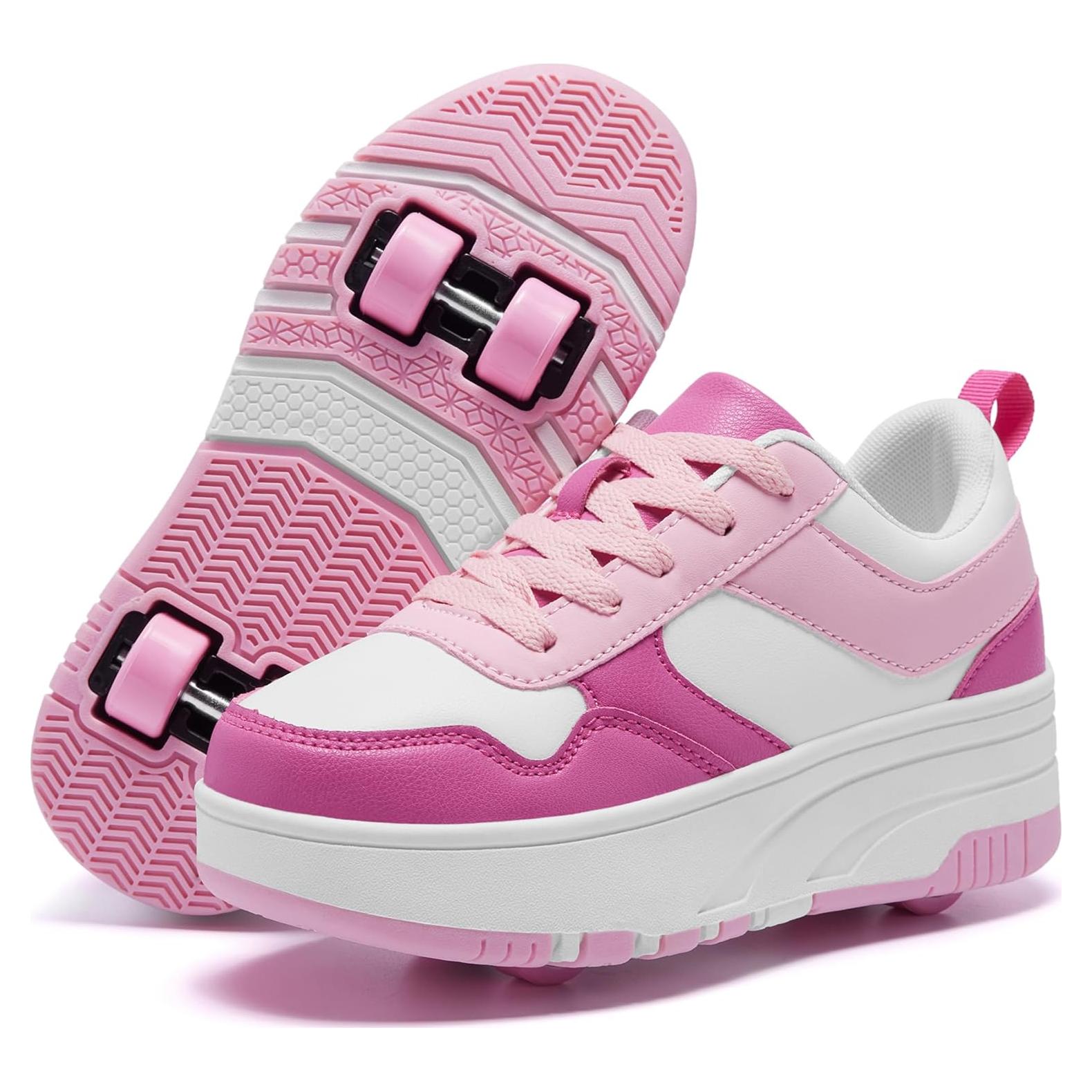 Zapatos de Patinaje ANEFUN para Niños Rosa-Blanco 4 Ruedas