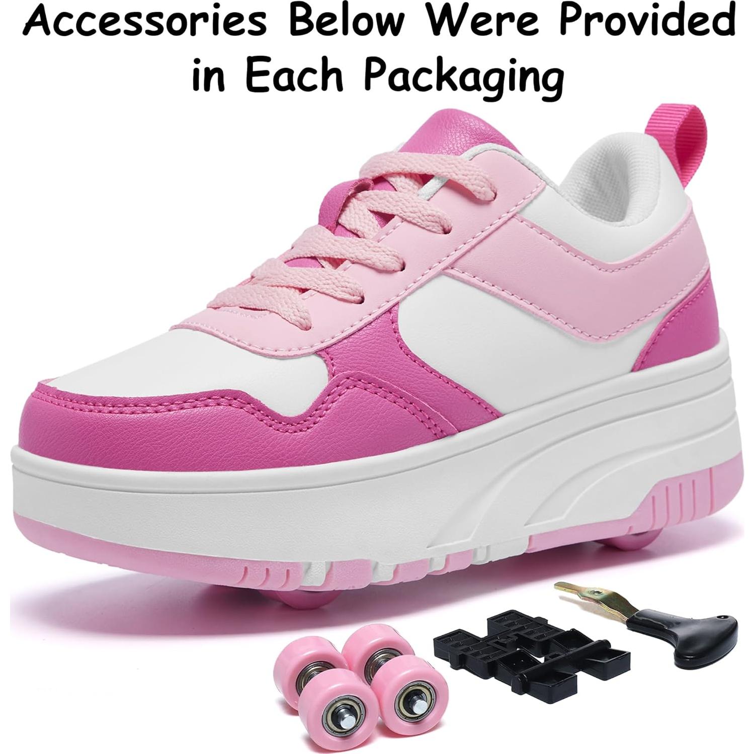 Zapatos de Patinaje ANEFUN para Niños Rosa-Blanco 4 Ruedas