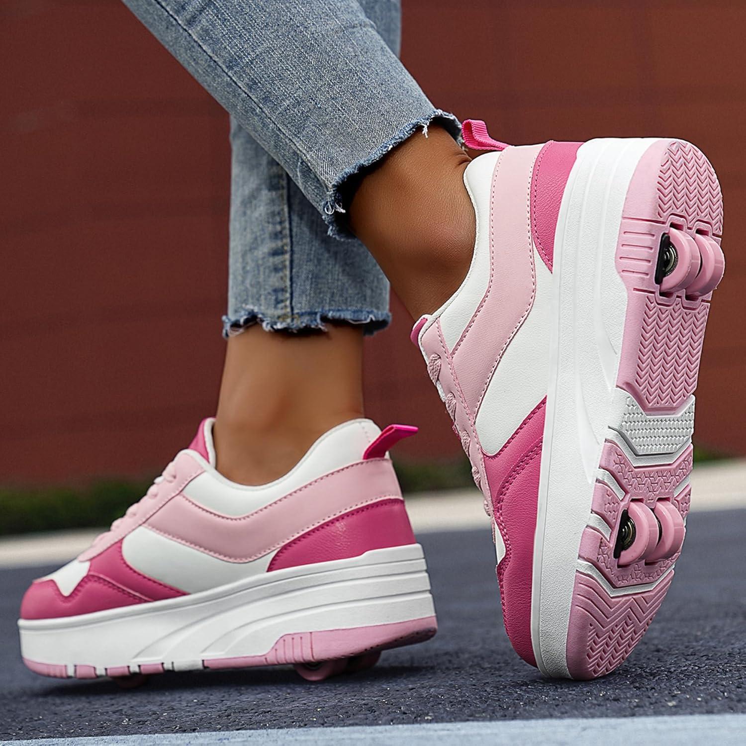 Zapatos de Patinaje ANEFUN para Niños Rosa-Blanco 4 Ruedas