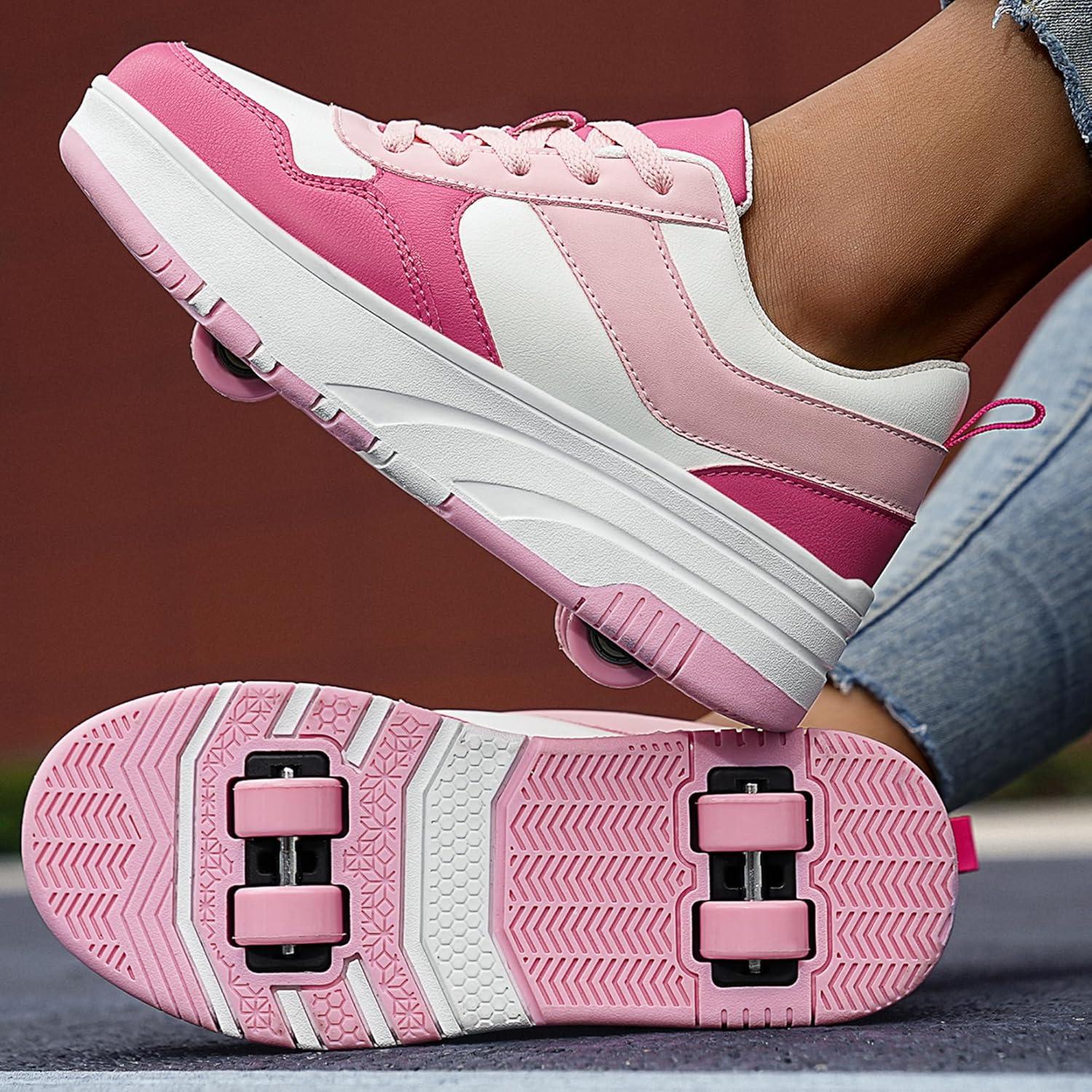 Zapatos de Patinaje ANEFUN para Niños Rosa-Blanco 4 Ruedas