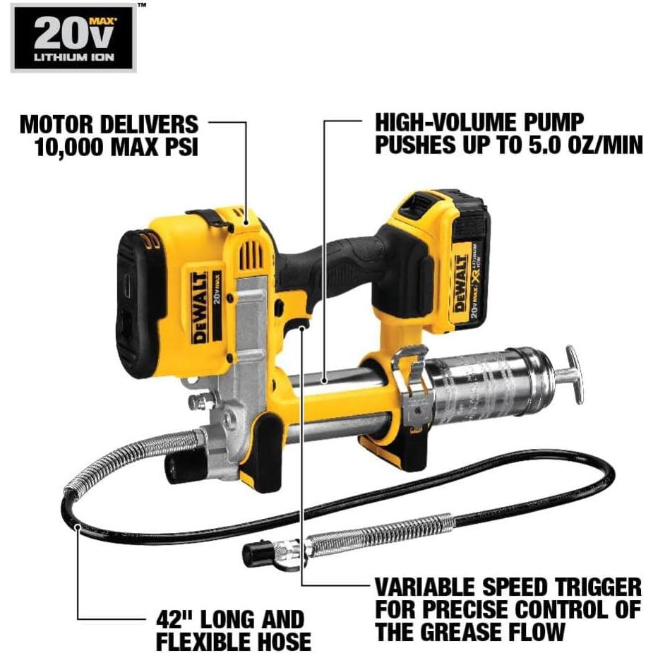 DEWALT Grease Gun Kit 20V MAX with Battery and Charger Cordless Grease Gun, 42” Hose, 10,000 PSI, Variable Speed Triggers (DCGG571M1)