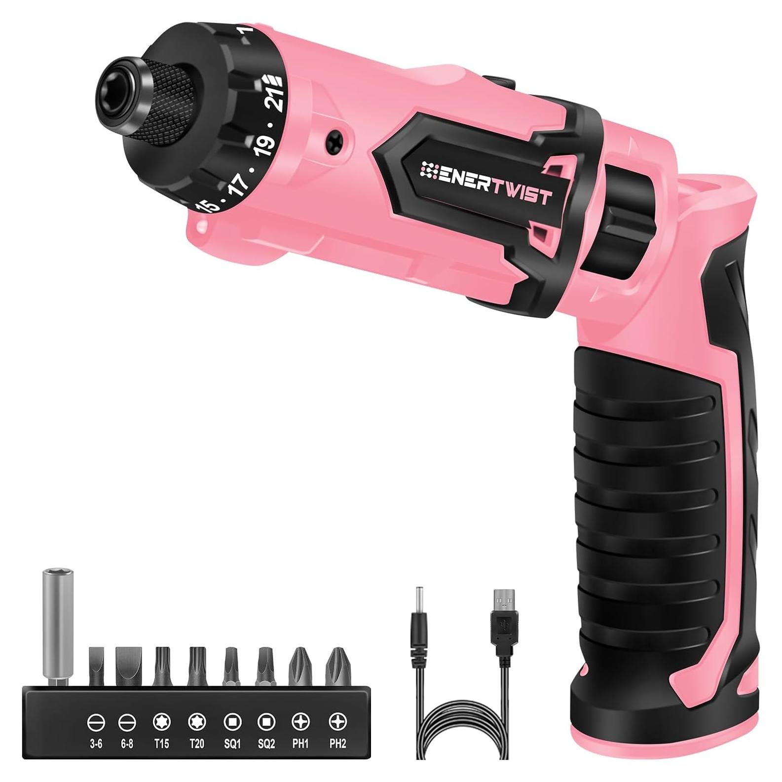 Enertwist Electric Screwdriver, 8V Max 10Nm Pink Cordless Screwdriver Rechargeable Set with 9 Accessory Kit, 21+1 Cluth, Dual Position Handle, LED Light