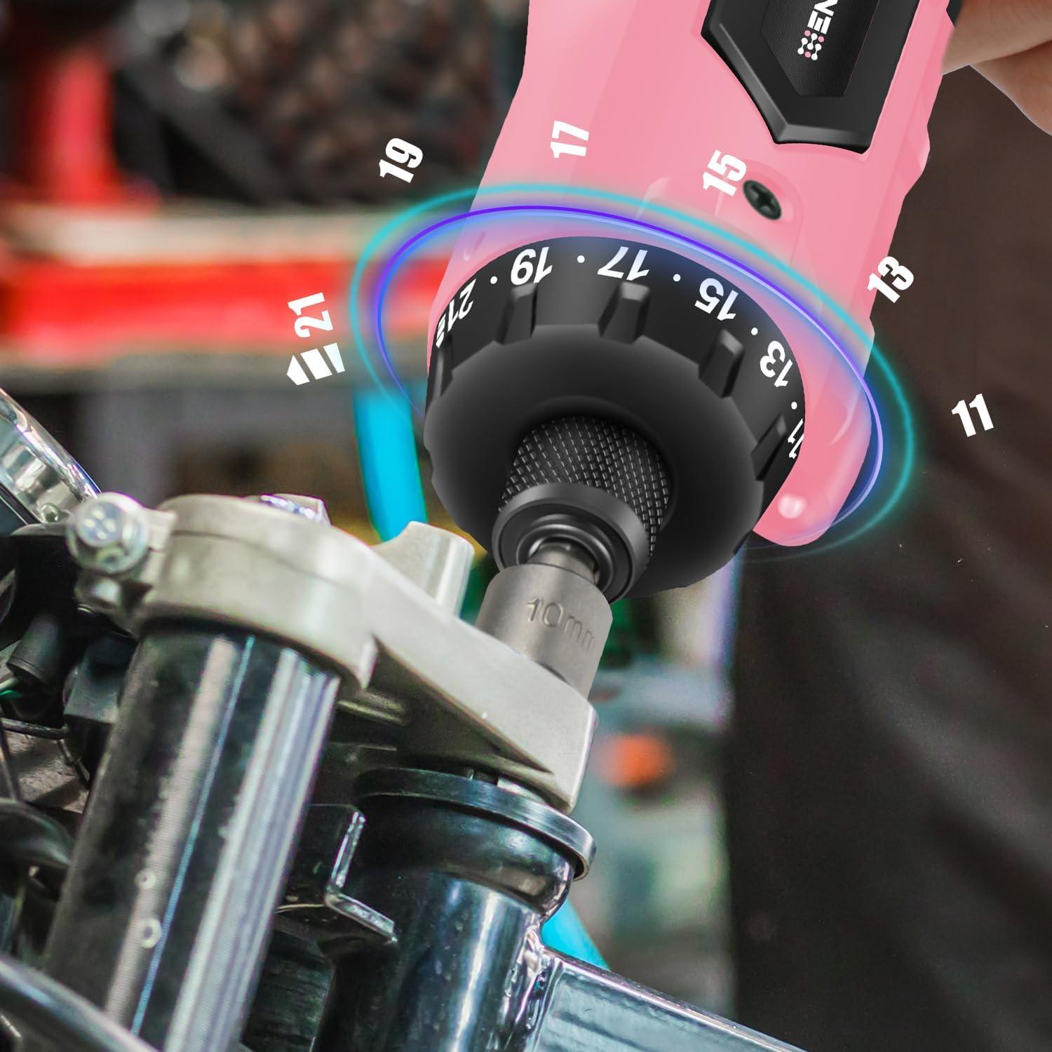 Enertwist Electric Screwdriver, 8V Max 10Nm Pink Cordless Screwdriver Rechargeable Set with 9 Accessory Kit, 21+1 Cluth, Dual Position Handle, LED Light