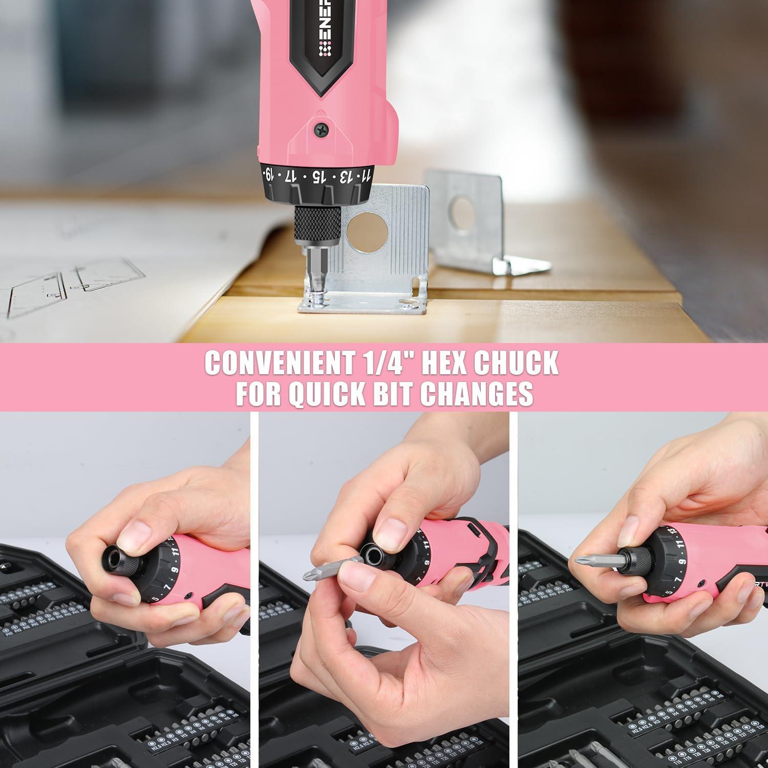 Enertwist Electric Screwdriver, 8V Max 10Nm Pink Cordless Screwdriver Rechargeable Set with 9 Accessory Kit, 21+1 Cluth, Dual Position Handle, LED Light