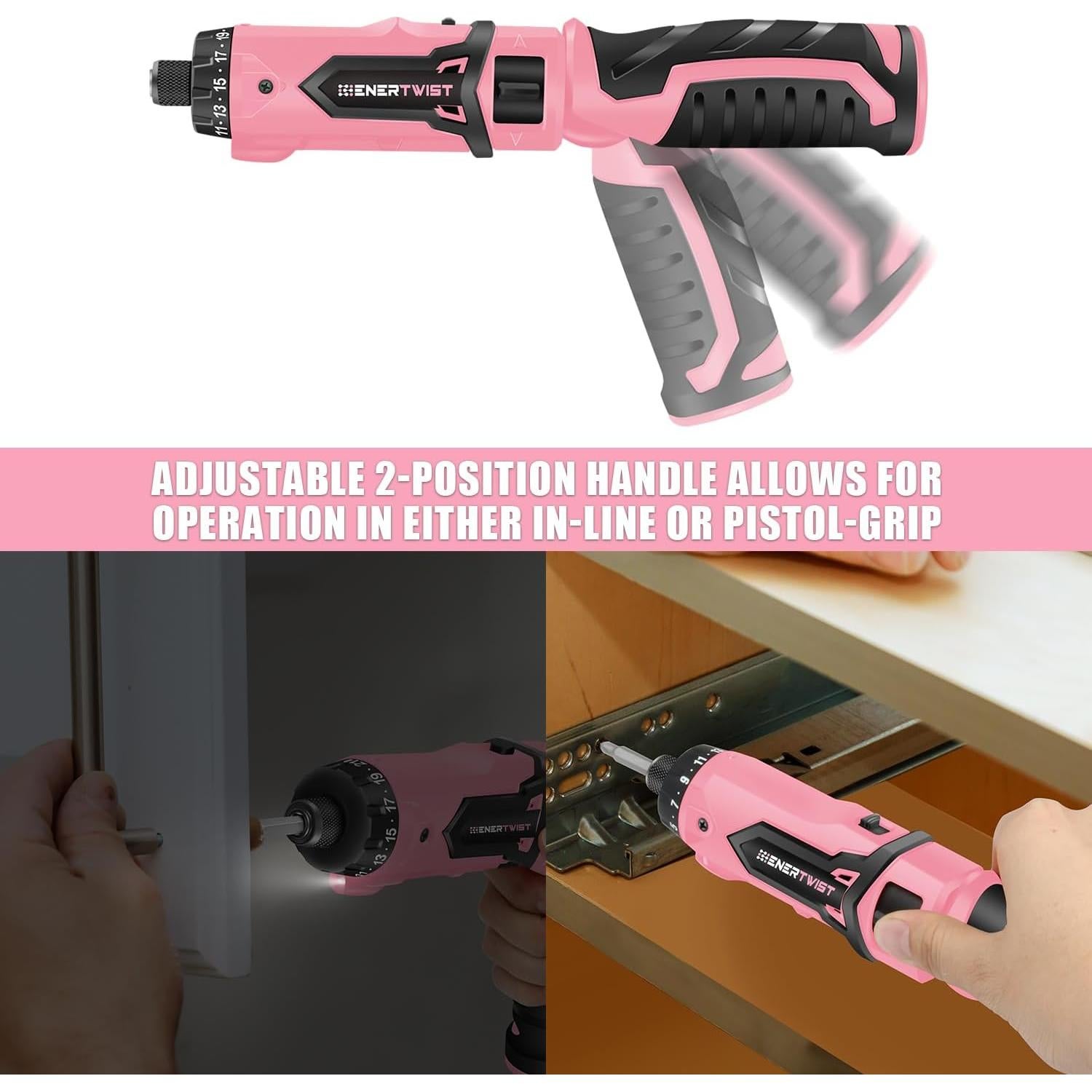 Enertwist Electric Screwdriver, 8V Max 10Nm Pink Cordless Screwdriver Rechargeable Set with 9 Accessory Kit, 21+1 Cluth, Dual Position Handle, LED Light