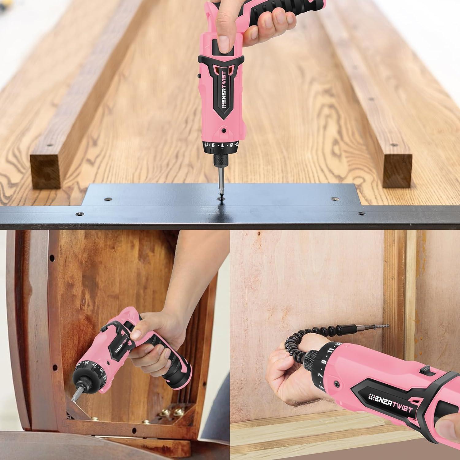 Enertwist Electric Screwdriver, 8V Max 10Nm Pink Cordless Screwdriver Rechargeable Set with 9 Accessory Kit, 21+1 Cluth, Dual Position Handle, LED Light